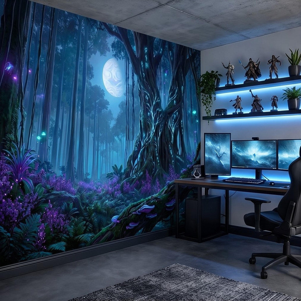 Enchanted Moonlit Forest Peel and Stick Wall Mural, Mystic Rune Tree, Blue Violet Fantasy Woods, Fireflies and Mushrooms Night Wallpaper