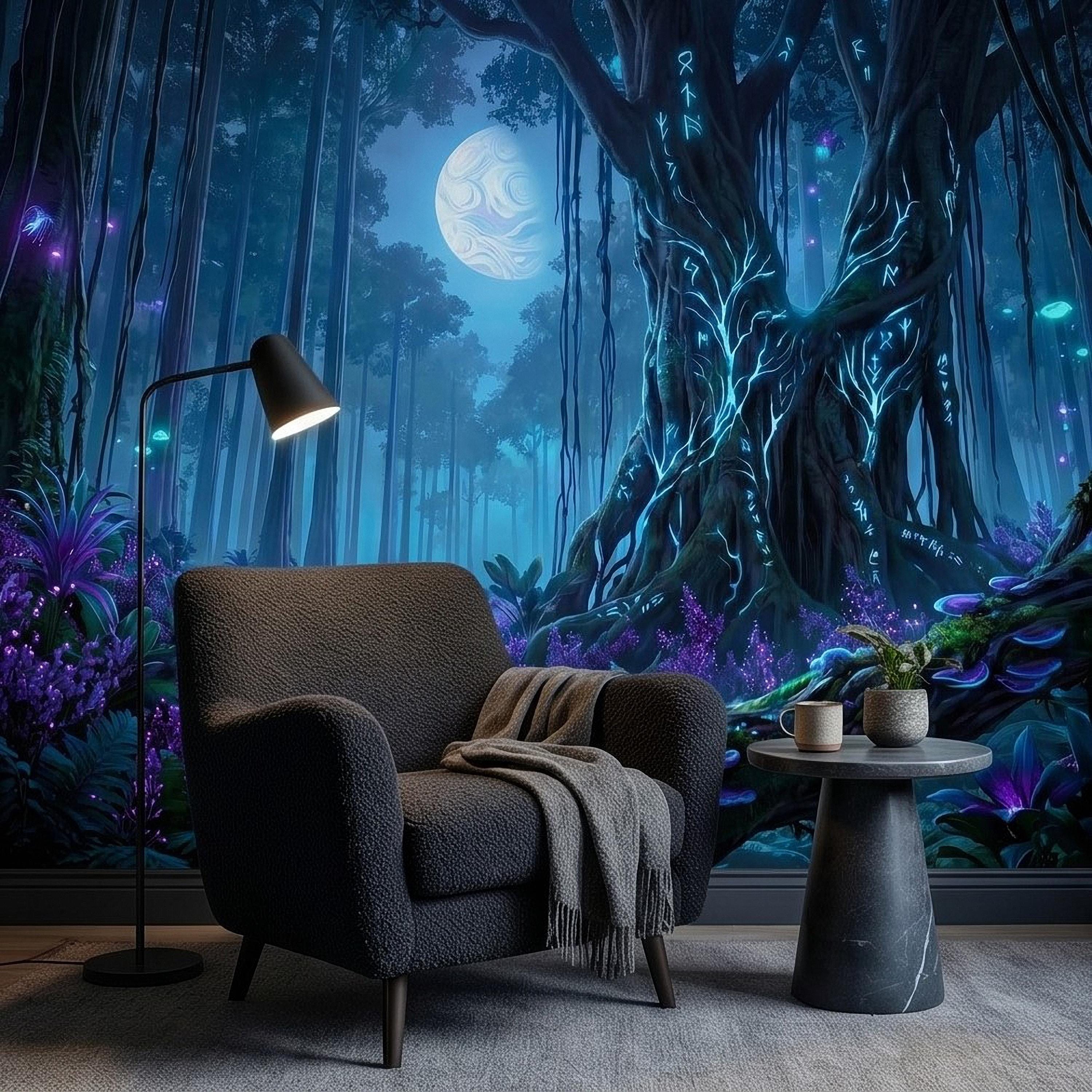 Enchanted Moonlit Forest Peel and Stick Wall Mural, Mystic Rune Tree, Blue Violet Fantasy Woods, Fireflies and Mushrooms Night Wallpaper