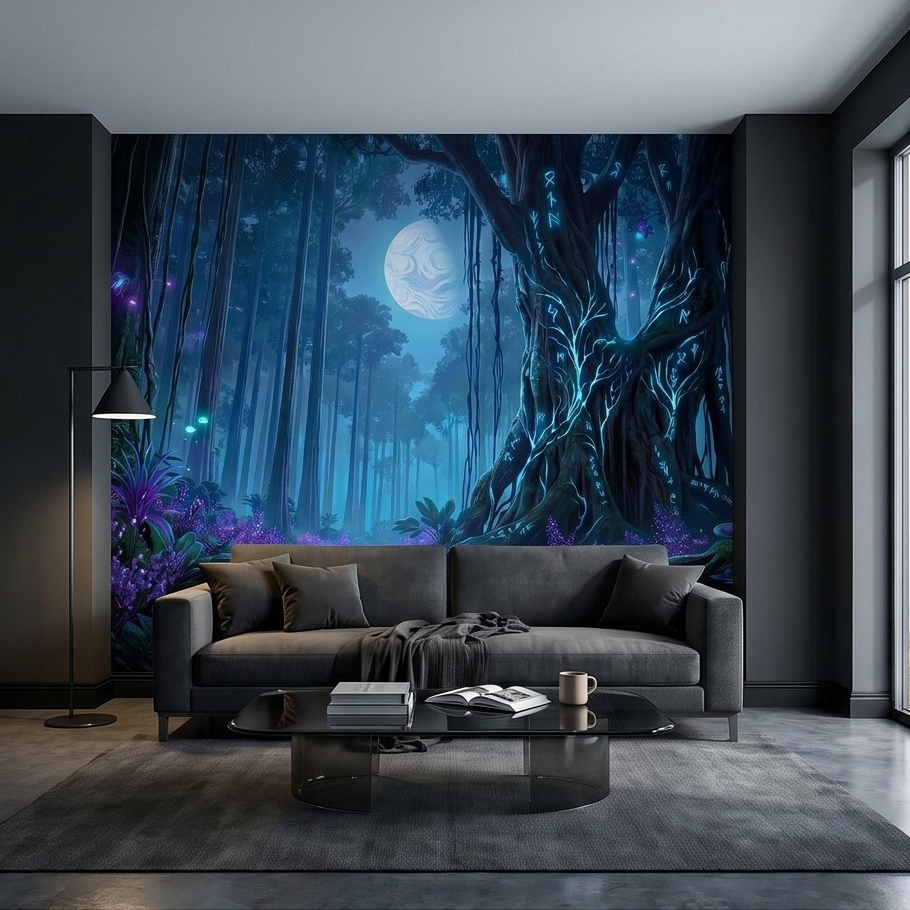 Enchanted Moonlit Forest Peel and Stick Wall Mural, Mystic Rune Tree, Blue Violet Fantasy Woods, Fireflies and Mushrooms Night Wallpaper