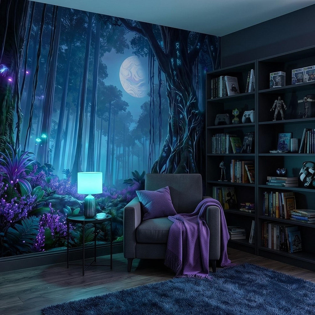 Enchanted Moonlit Forest Peel and Stick Wall Mural, Mystic Rune Tree, Blue Violet Fantasy Woods, Fireflies and Mushrooms Night Wallpaper