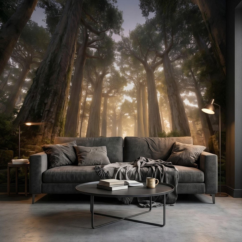 Sunlit Redwood Forest Peel and Stick Wall Mural, Misty Sequoia Trees, Ferns and Moss, Golden Sun Rays Nature Landscape Calm Scenic Wallpaper