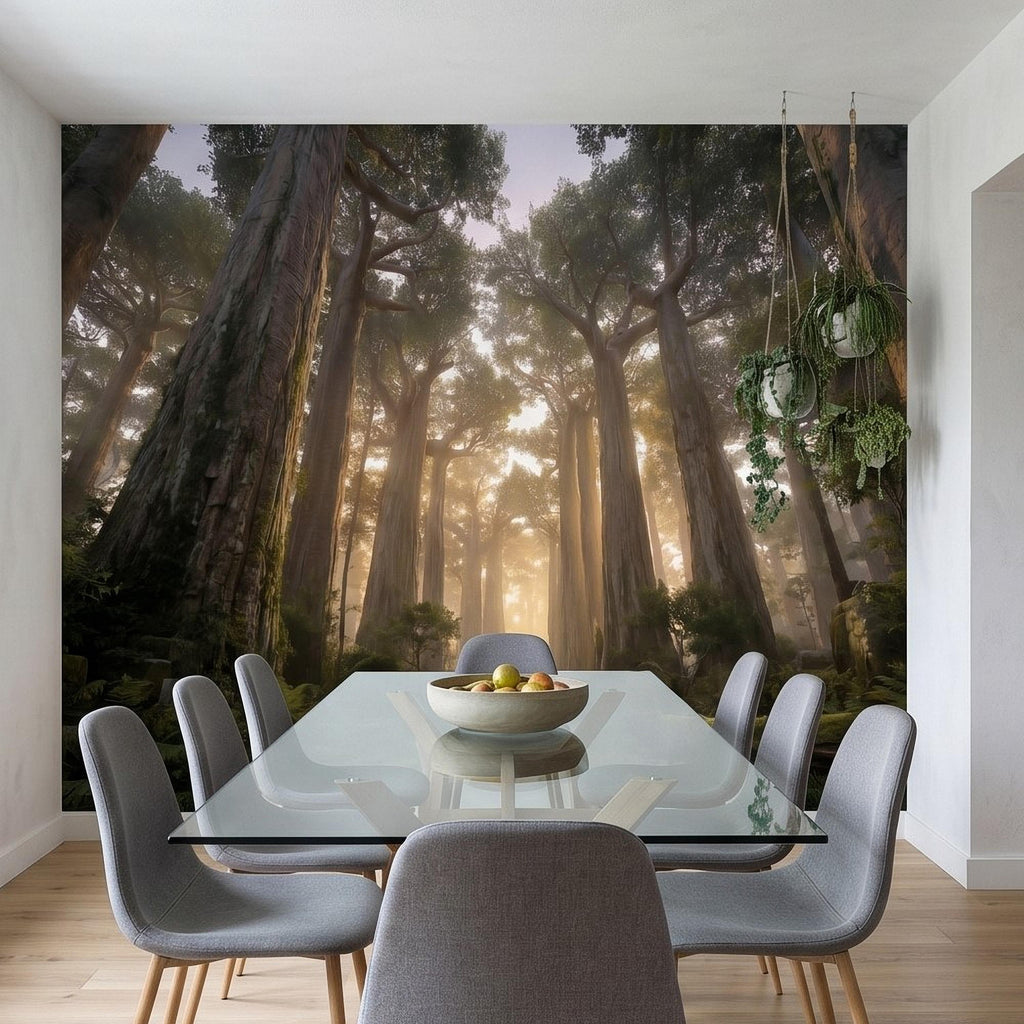 Sunlit Redwood Forest Peel and Stick Wall Mural, Misty Sequoia Trees, Ferns and Moss, Golden Sun Rays Nature Landscape Calm Scenic Wallpaper