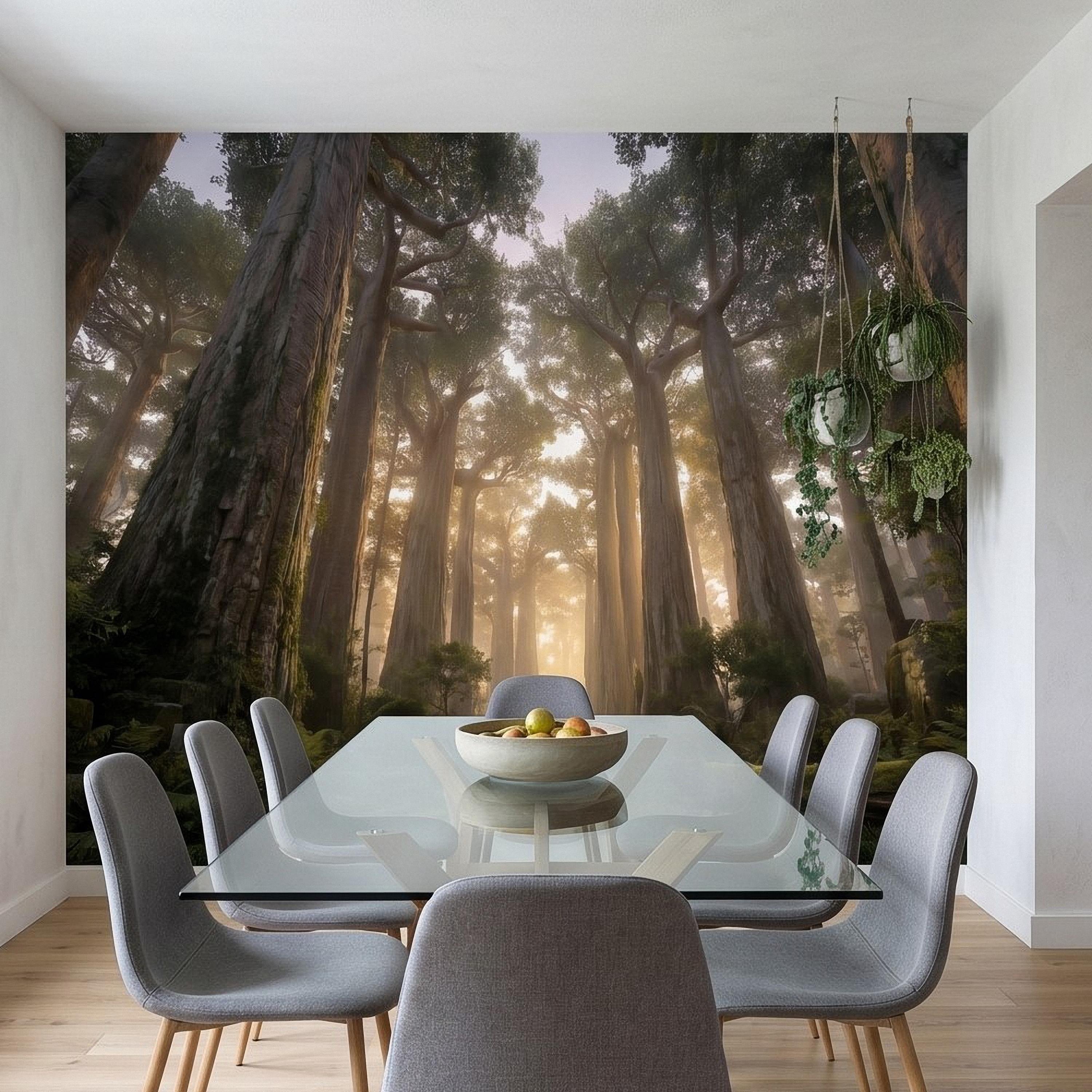Sunlit Redwood Forest Peel and Stick Wall Mural, Misty Sequoia Trees, Ferns and Moss, Golden Sun Rays Nature Landscape Calm Scenic Wallpaper