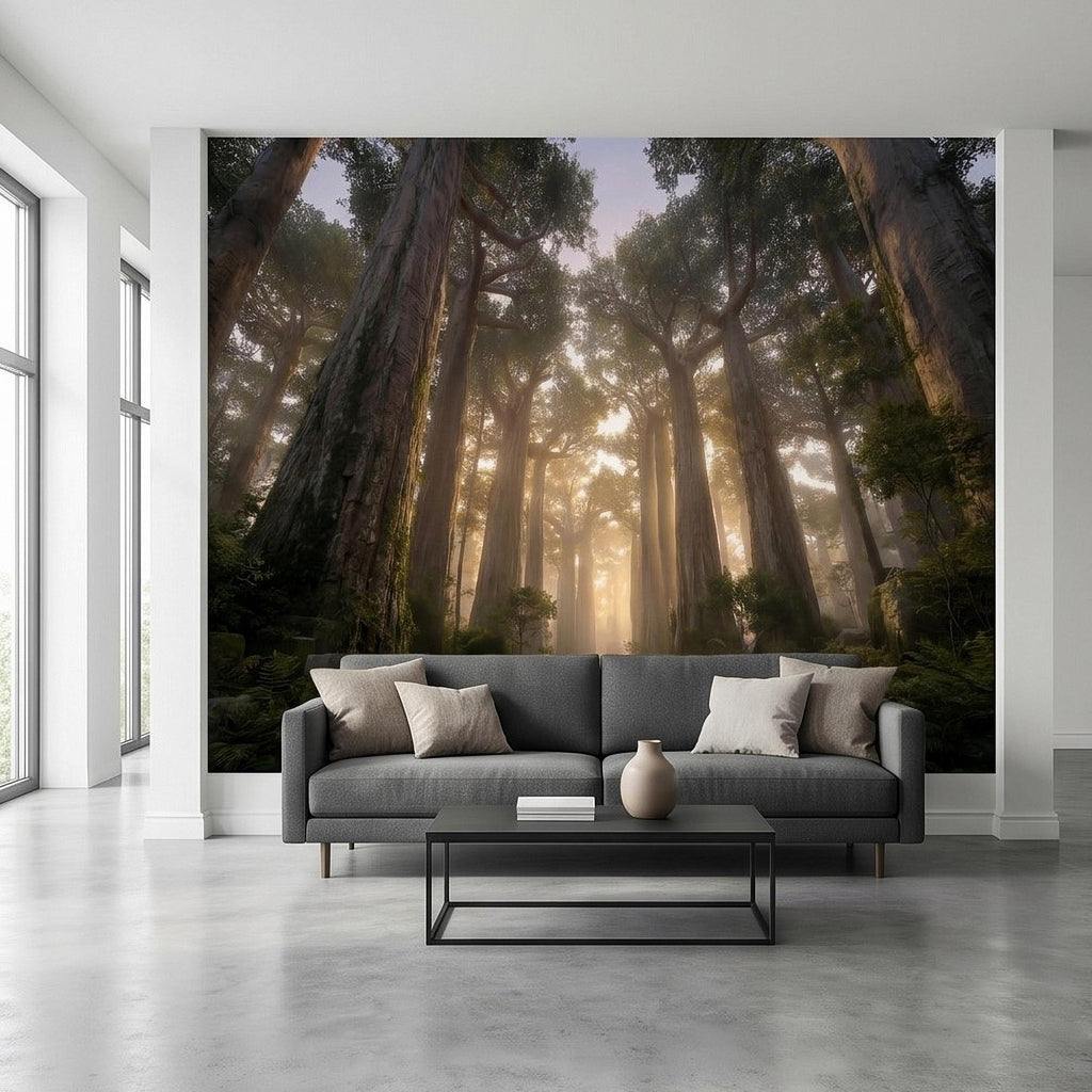 Sunlit Redwood Forest Peel and Stick Wall Mural, Misty Sequoia Trees, Ferns and Moss, Golden Sun Rays Nature Landscape Calm Scenic Wallpaper