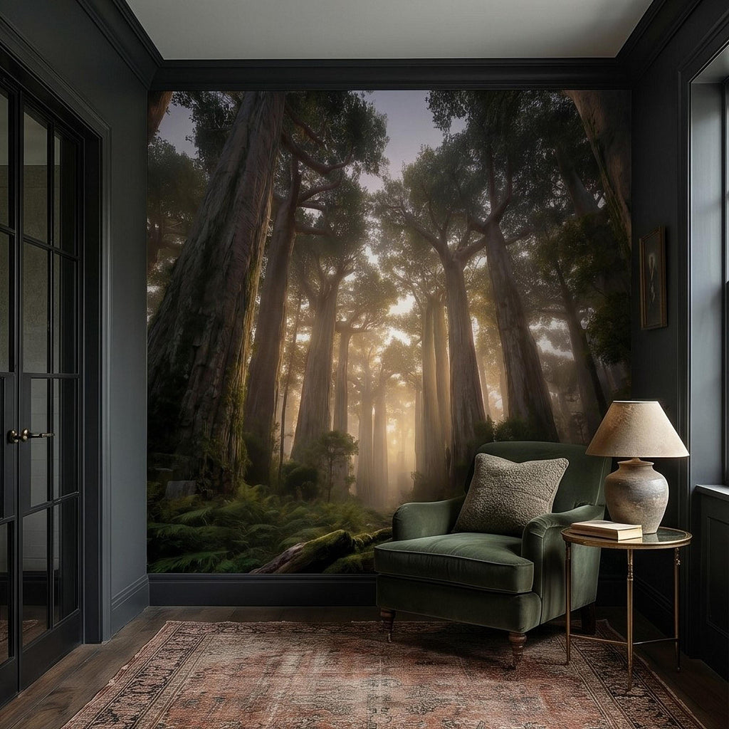 Sunlit Redwood Forest Peel and Stick Wall Mural, Misty Sequoia Trees, Ferns and Moss, Golden Sun Rays Nature Landscape Calm Scenic Wallpaper