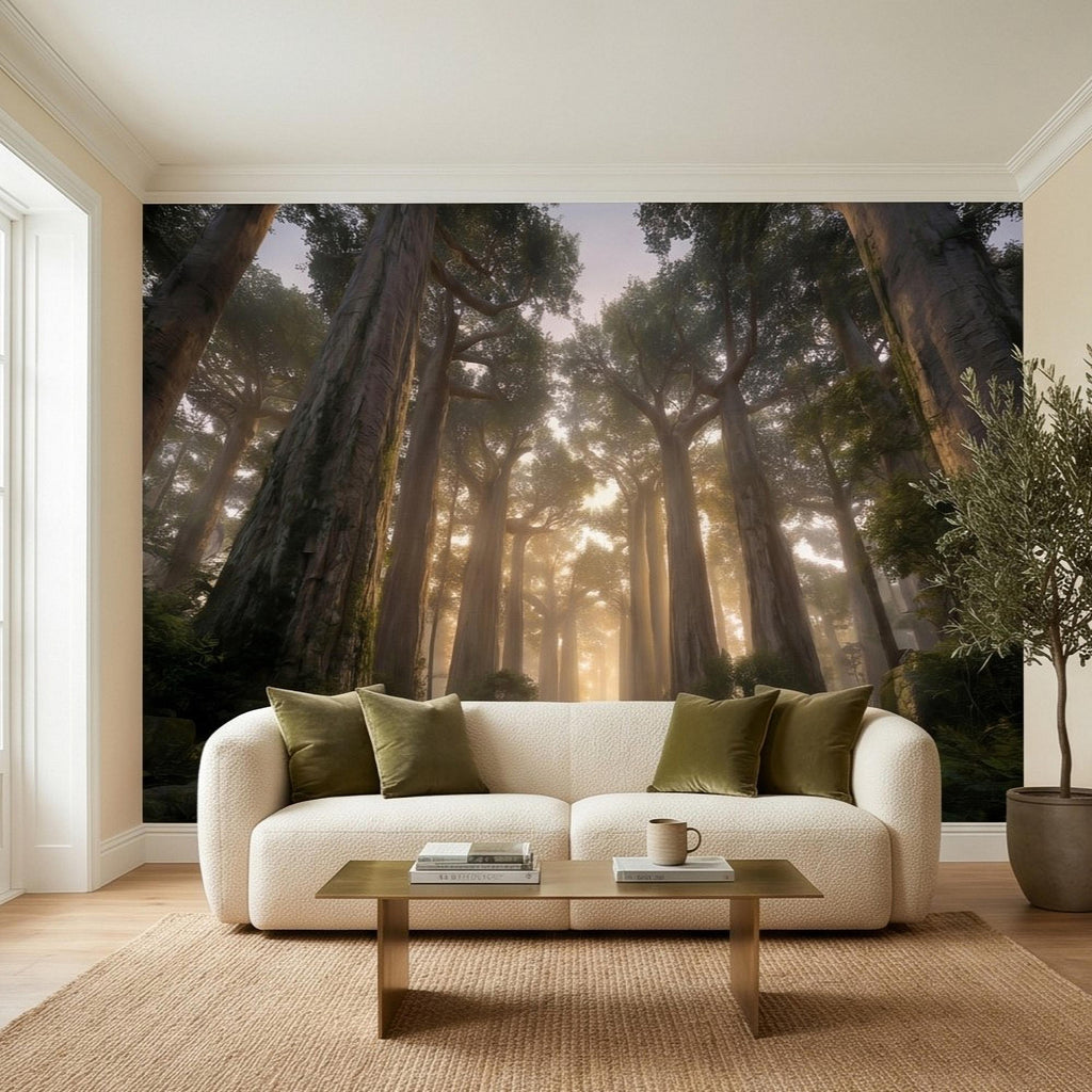 Sunlit Redwood Forest Peel and Stick Wall Mural, Misty Sequoia Trees, Ferns and Moss, Golden Sun Rays Nature Landscape Calm Scenic Wallpaper