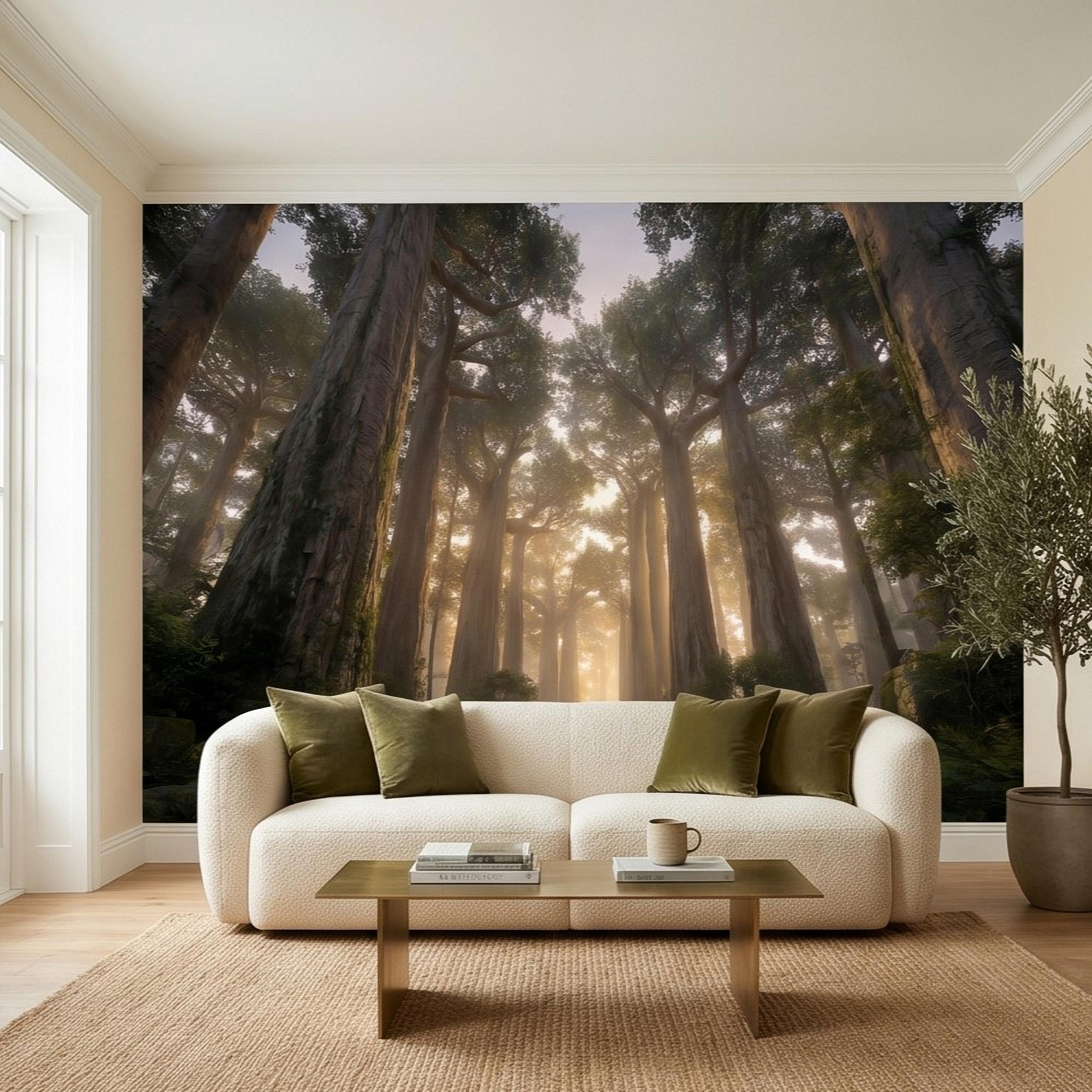 Sunlit Redwood Forest Peel and Stick Wall Mural, Misty Sequoia Trees, Ferns and Moss, Golden Sun Rays Nature Landscape Calm Scenic Wallpaper