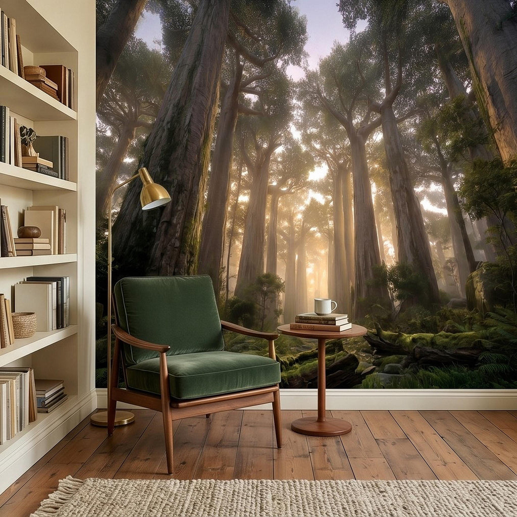 Sunlit Redwood Forest Peel and Stick Wall Mural, Misty Sequoia Trees, Ferns and Moss, Golden Sun Rays Nature Landscape Calm Scenic Wallpaper