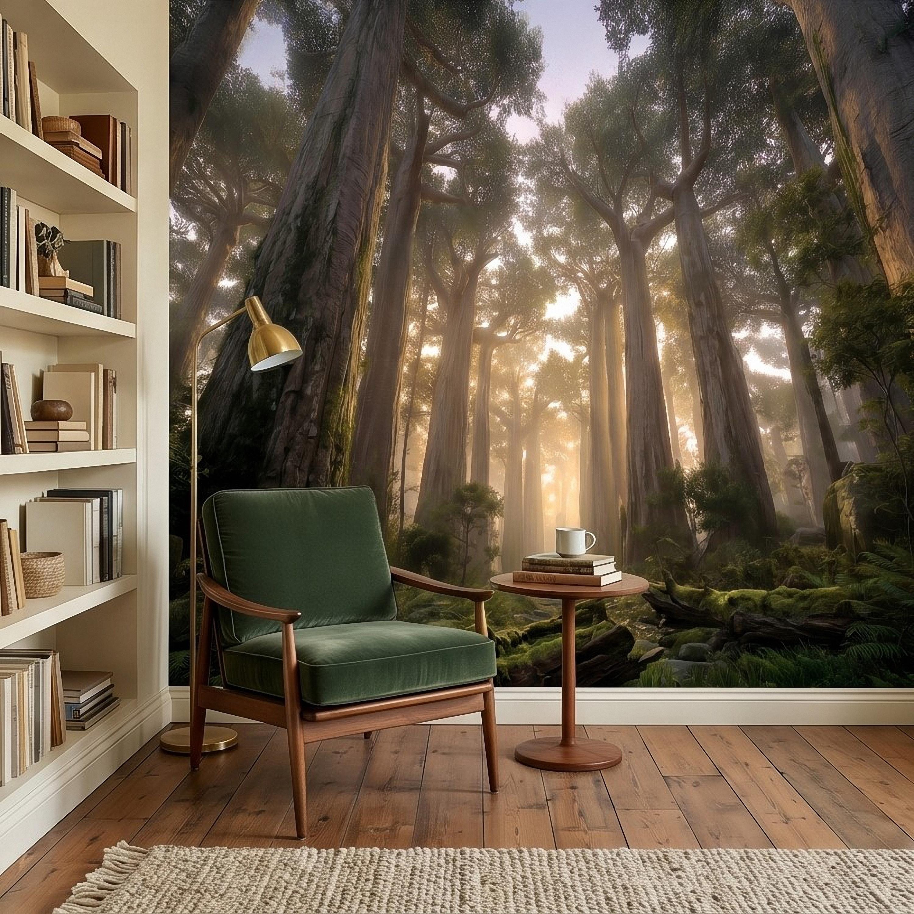 Sunlit Redwood Forest Peel and Stick Wall Mural, Misty Sequoia Trees, Ferns and Moss, Golden Sun Rays Nature Landscape Calm Scenic Wallpaper