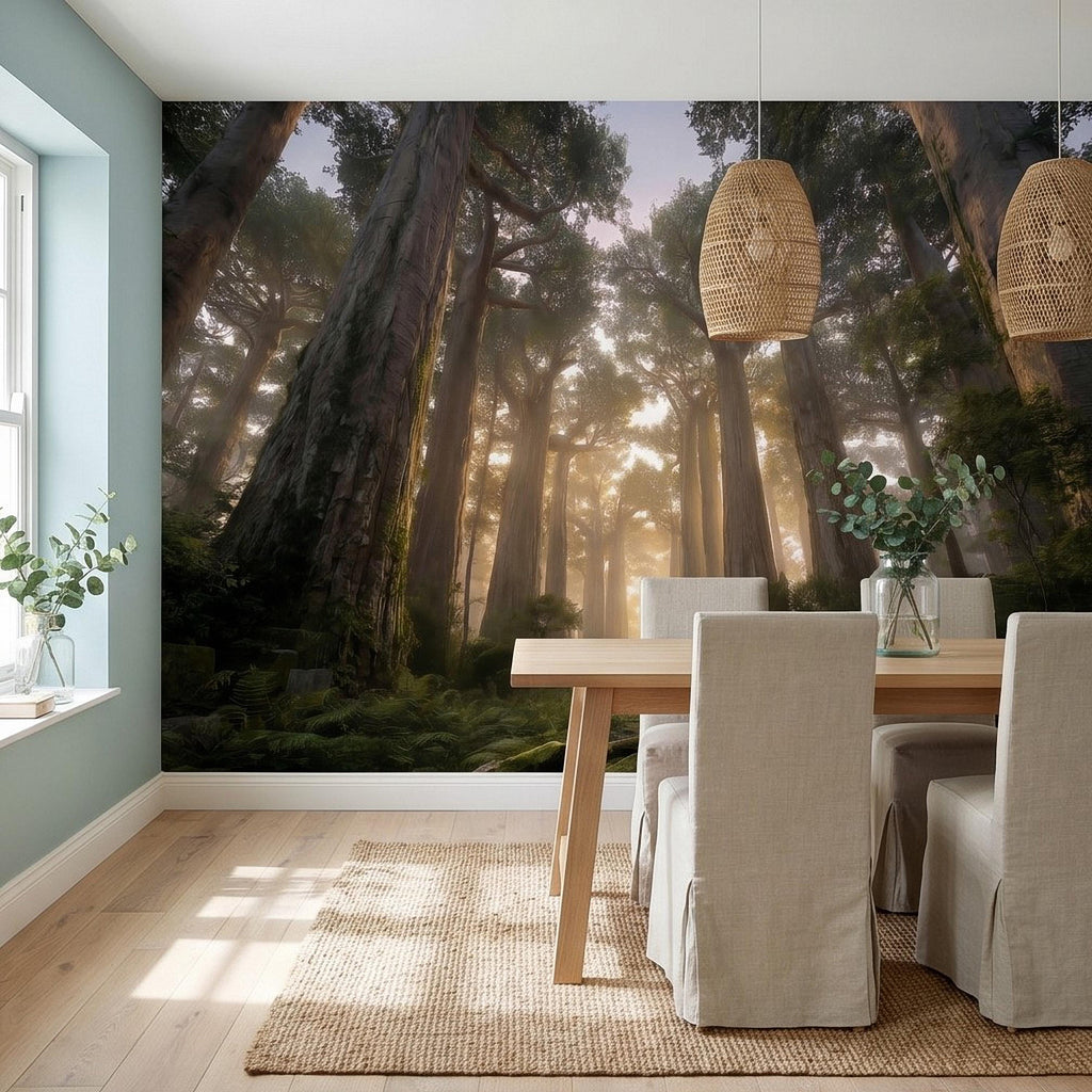 Sunlit Redwood Forest Peel and Stick Wall Mural, Misty Sequoia Trees, Ferns and Moss, Golden Sun Rays Nature Landscape Calm Scenic Wallpaper