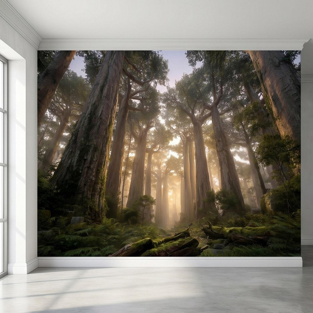Sunlit Redwood Forest Peel and Stick Wall Mural, Misty Sequoia Trees, Ferns and Moss, Golden Sun Rays Nature Landscape Calm Scenic Wallpaper