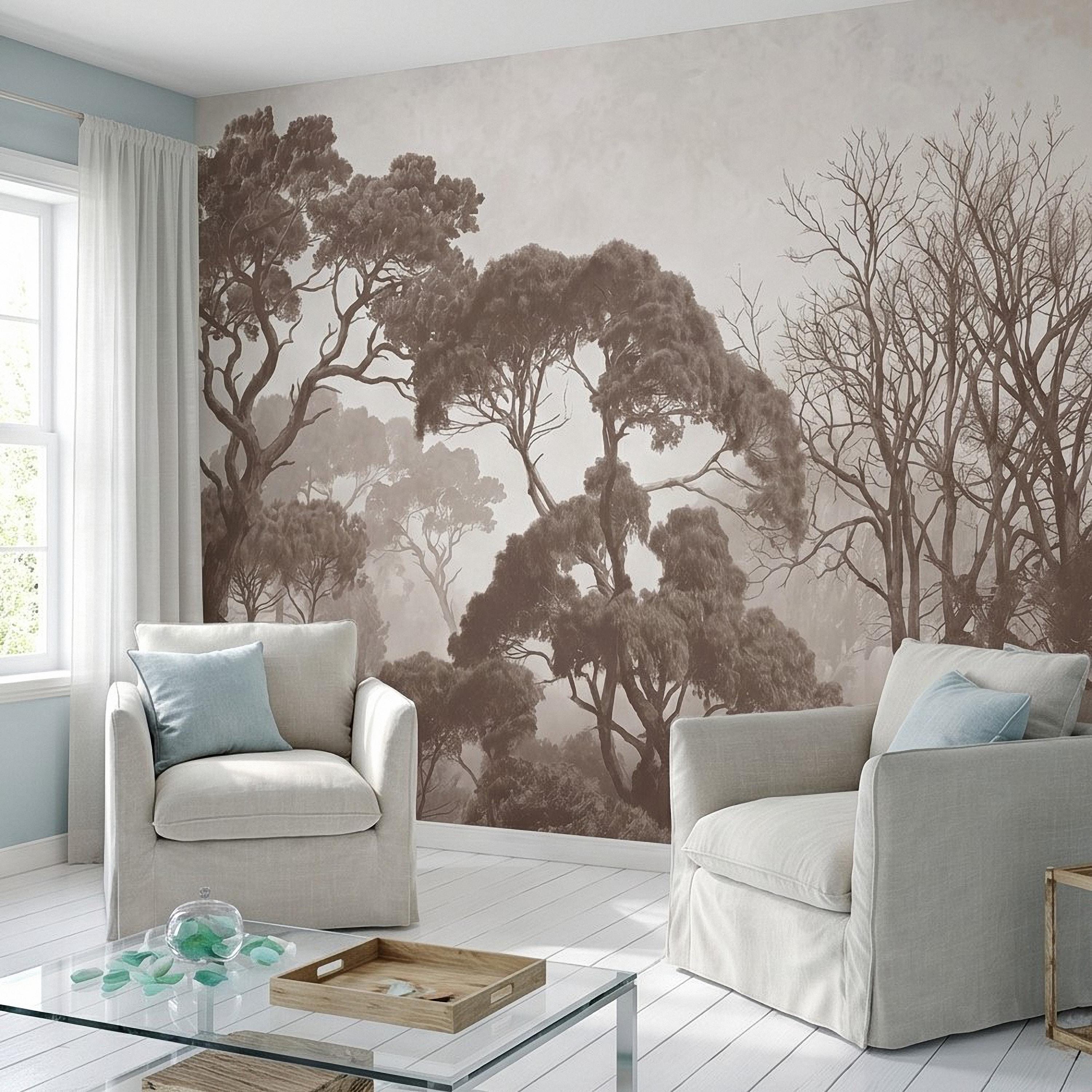 Sepia Misty Forest Peel and Stick Wall Mural, Neutral Tree Silhouettes, Foggy Woodland Landscape, Minimal Rustic Calm Nature Wallpaper