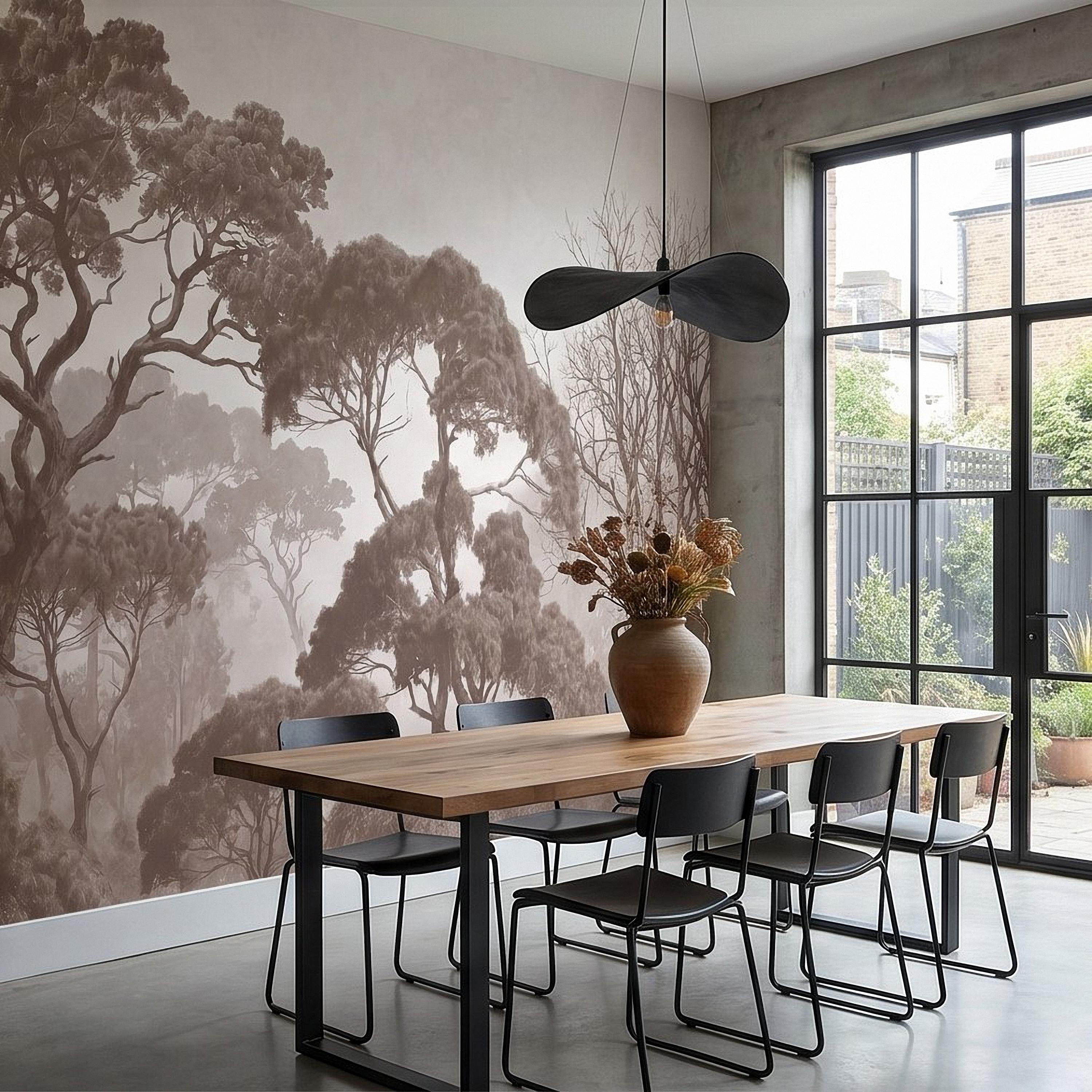 Sepia Misty Forest Peel and Stick Wall Mural, Neutral Tree Silhouettes, Foggy Woodland Landscape, Minimal Rustic Calm Nature Wallpaper