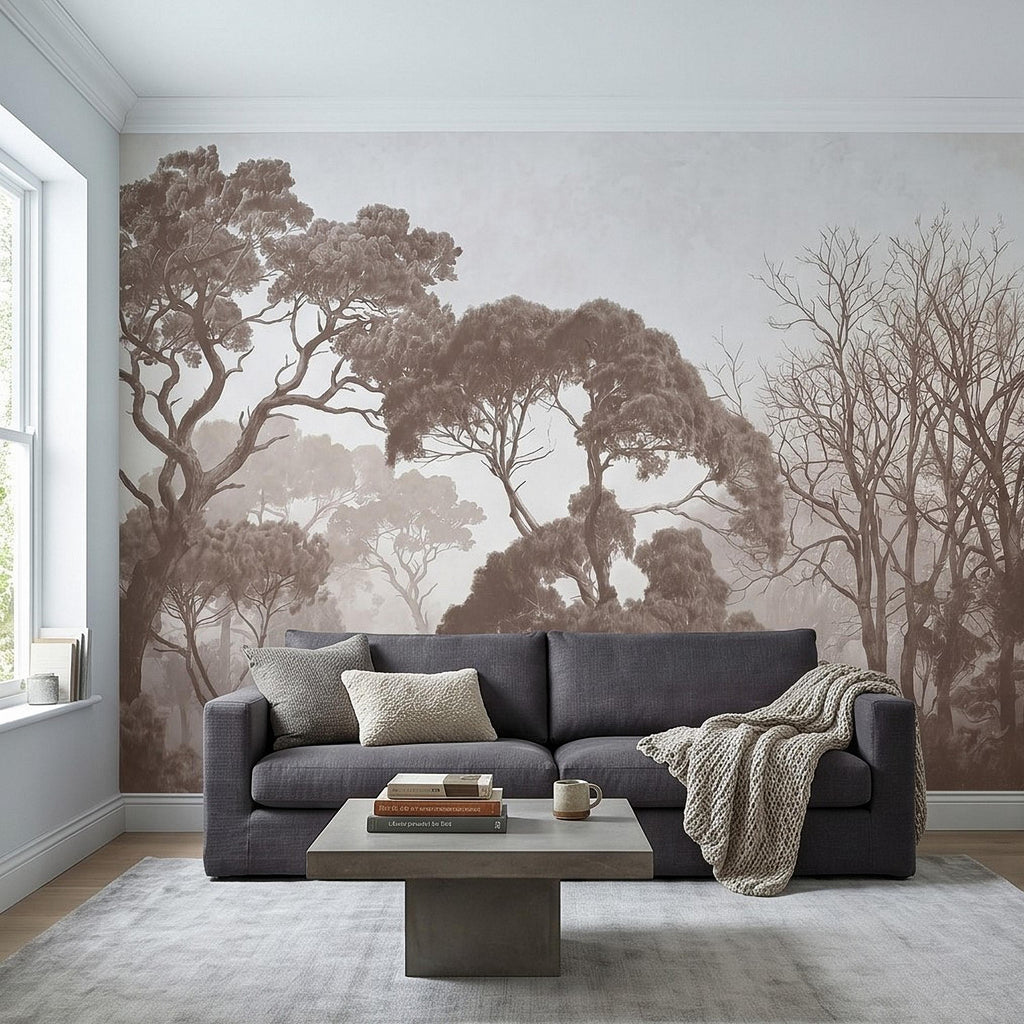 Sepia Misty Forest Peel and Stick Wall Mural, Neutral Tree Silhouettes, Foggy Woodland Landscape, Minimal Rustic Calm Nature Wallpaper