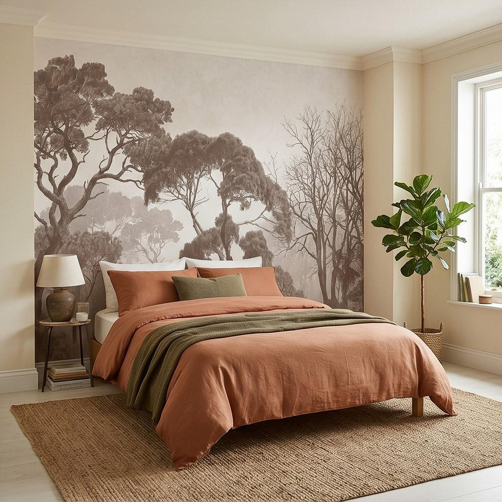 Sepia Misty Forest Peel and Stick Wall Mural, Neutral Tree Silhouettes, Foggy Woodland Landscape, Minimal Rustic Calm Nature Wallpaper