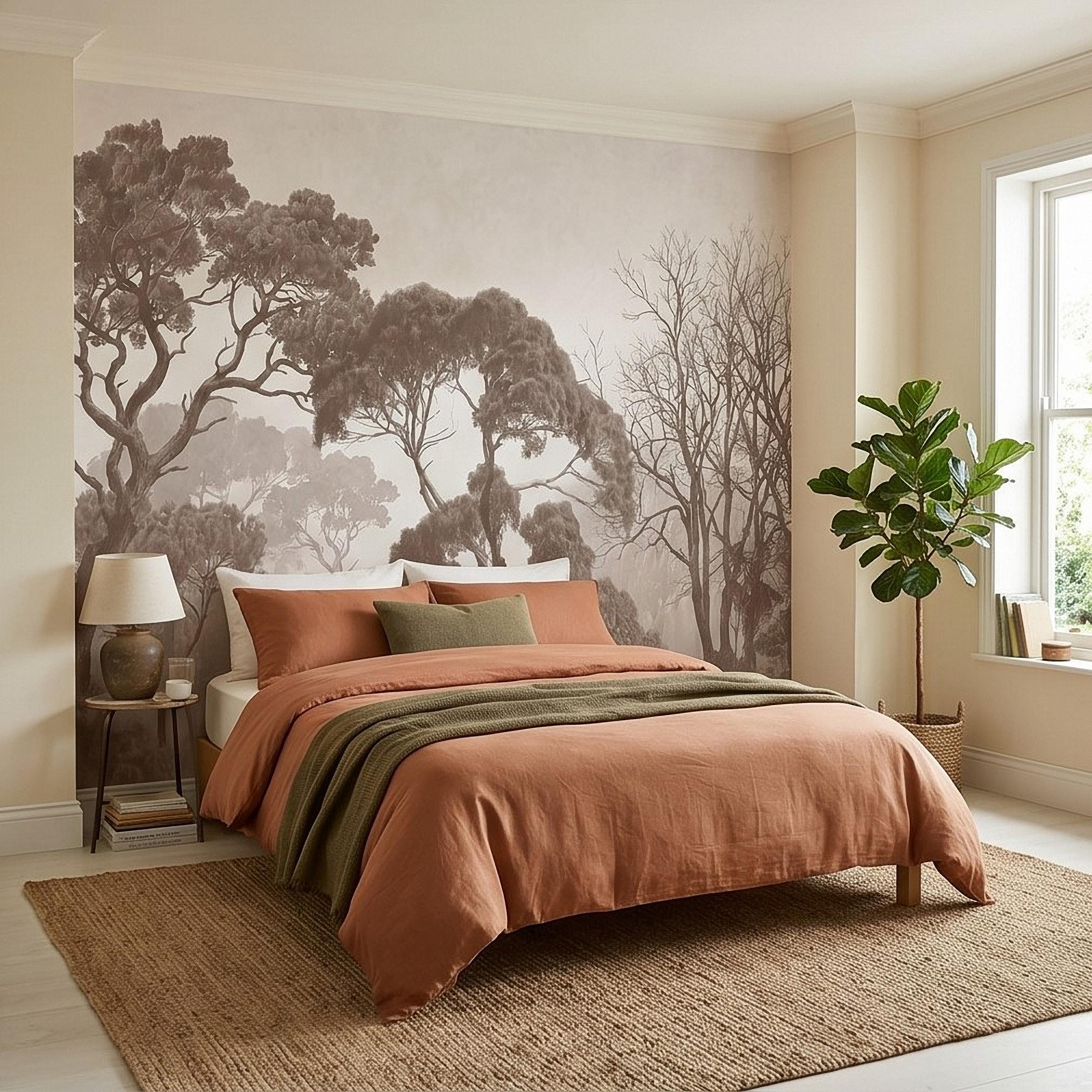 Sepia Misty Forest Peel and Stick Wall Mural, Neutral Tree Silhouettes, Foggy Woodland Landscape, Minimal Rustic Calm Nature Wallpaper