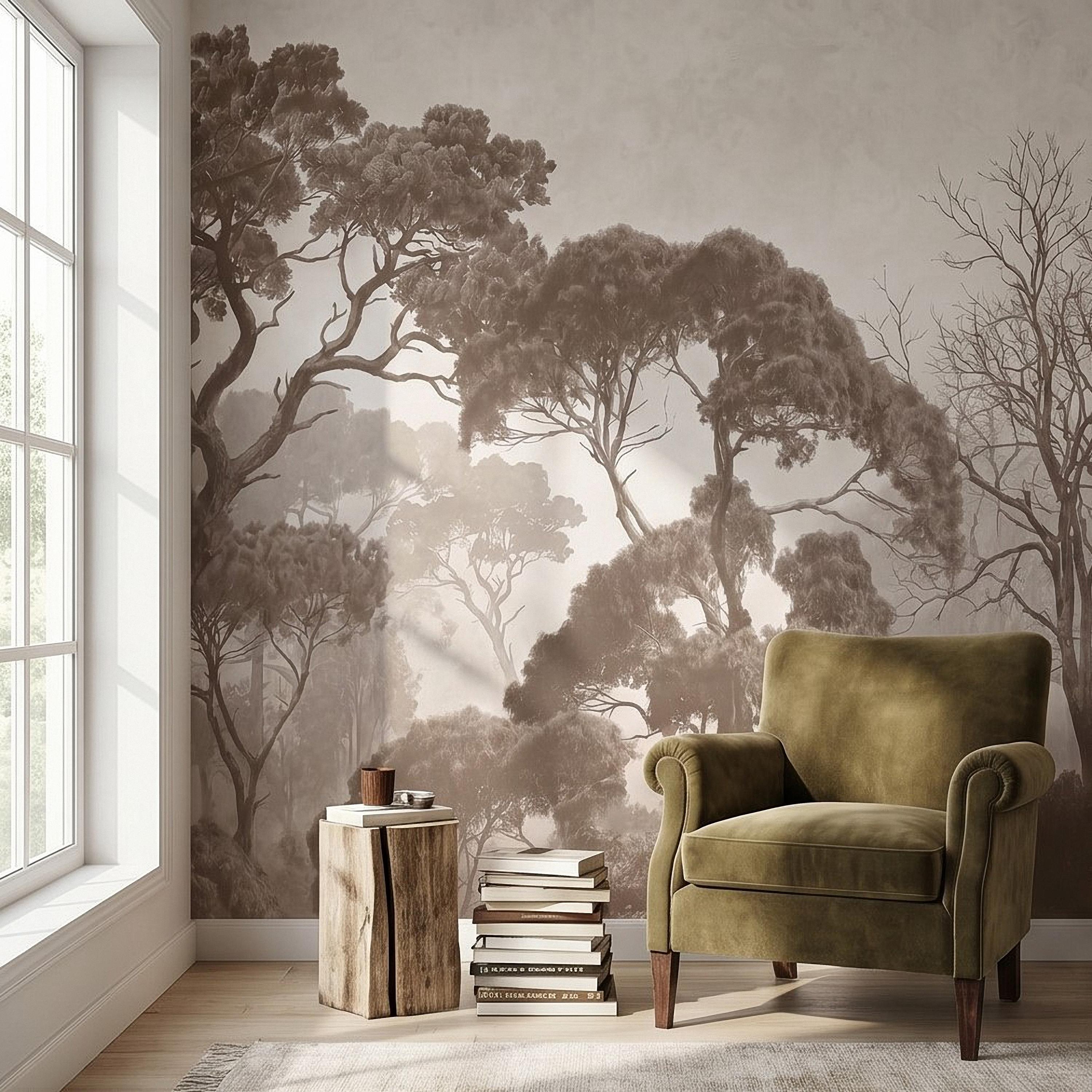 Sepia Misty Forest Peel and Stick Wall Mural, Neutral Tree Silhouettes, Foggy Woodland Landscape, Minimal Rustic Calm Nature Wallpaper