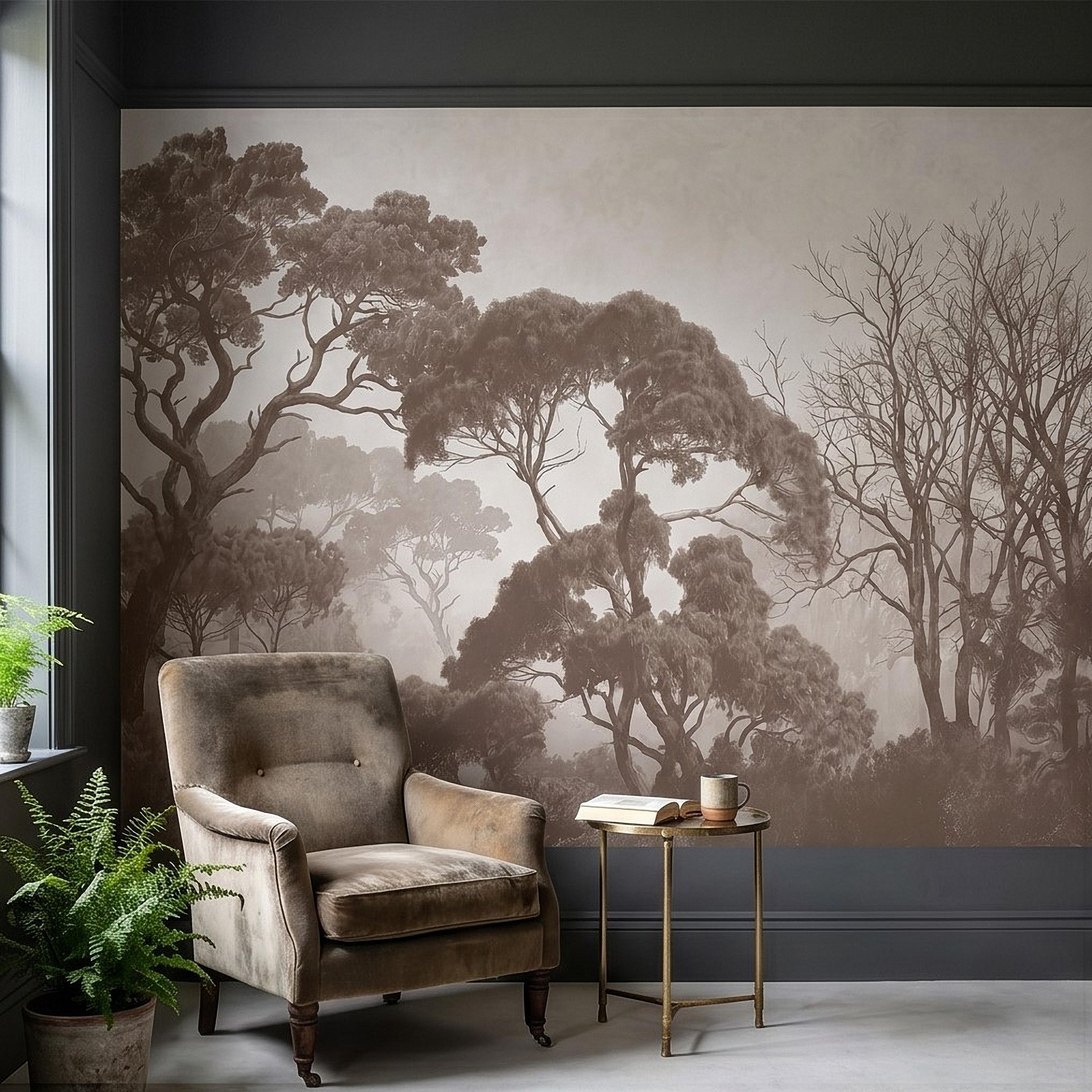 Sepia Misty Forest Peel and Stick Wall Mural, Neutral Tree Silhouettes, Foggy Woodland Landscape, Minimal Rustic Calm Nature Wallpaper