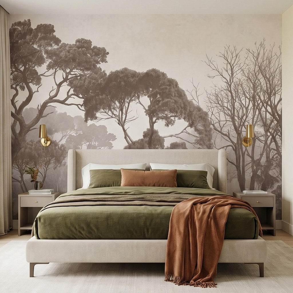 Sepia Misty Forest Peel and Stick Wall Mural, Neutral Tree Silhouettes, Foggy Woodland Landscape, Minimal Rustic Calm Nature Wallpaper