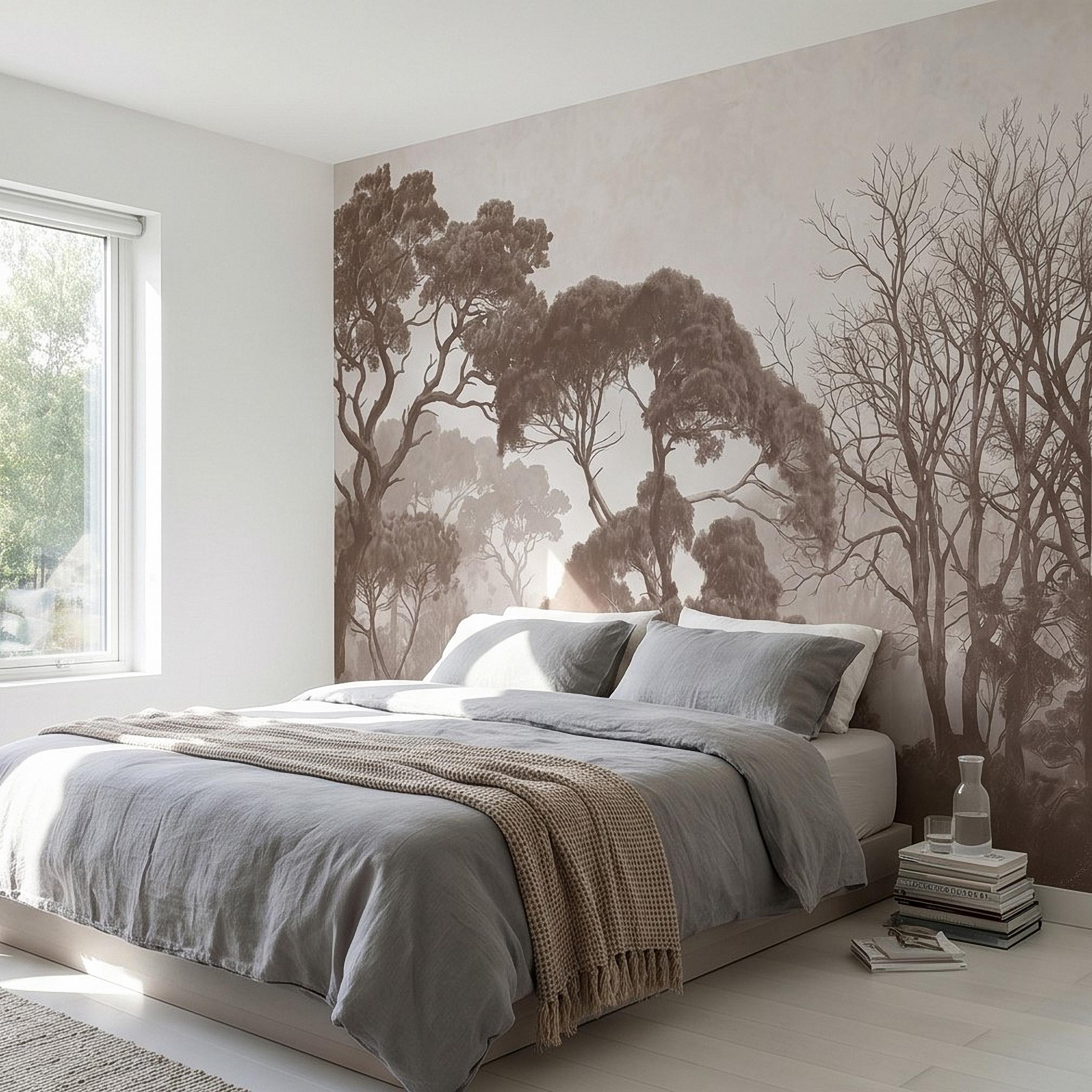 Sepia Misty Forest Peel and Stick Wall Mural, Neutral Tree Silhouettes, Foggy Woodland Landscape, Minimal Rustic Calm Nature Wallpaper
