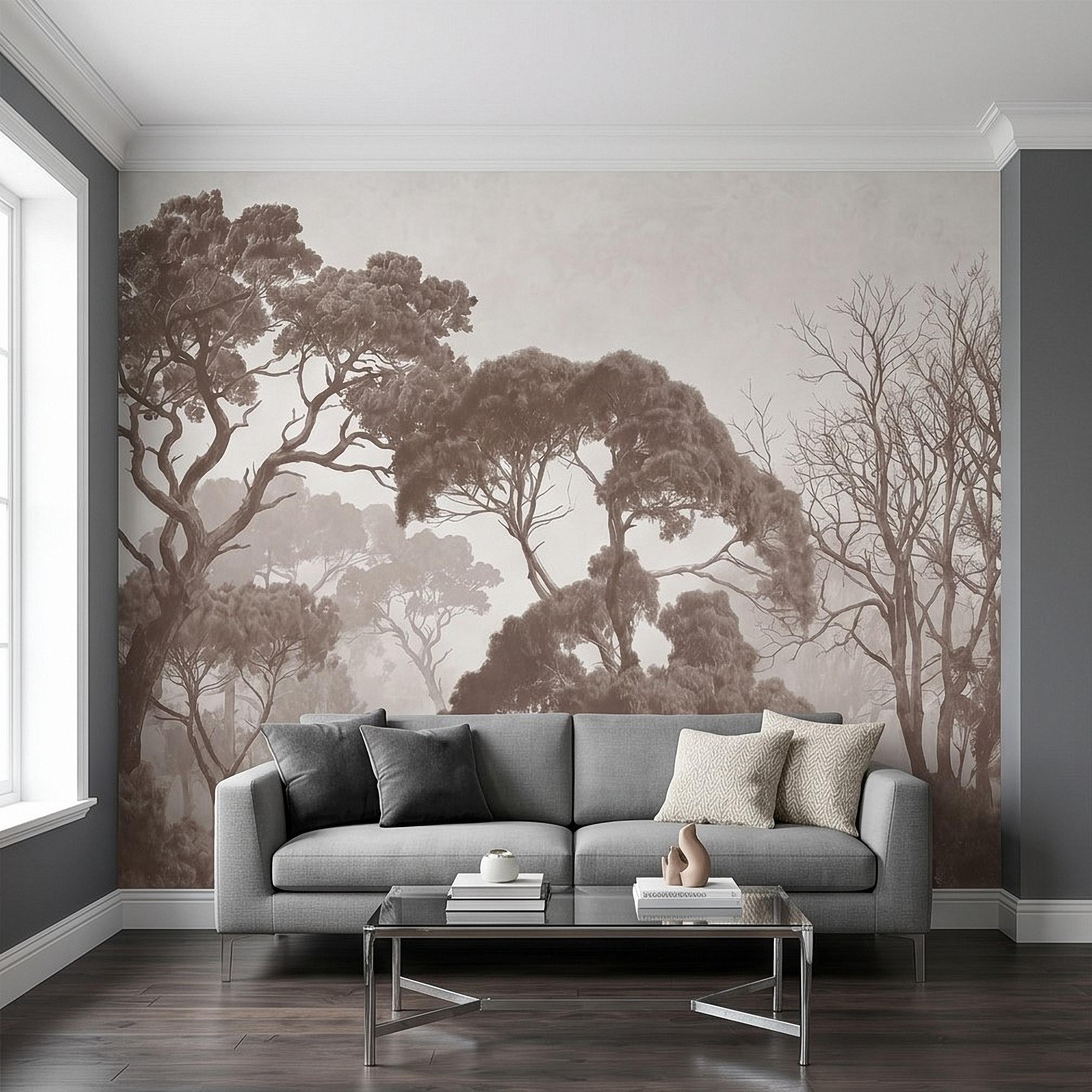 Sepia Misty Forest Peel and Stick Wall Mural, Neutral Tree Silhouettes, Foggy Woodland Landscape, Minimal Rustic Calm Nature Wallpaper