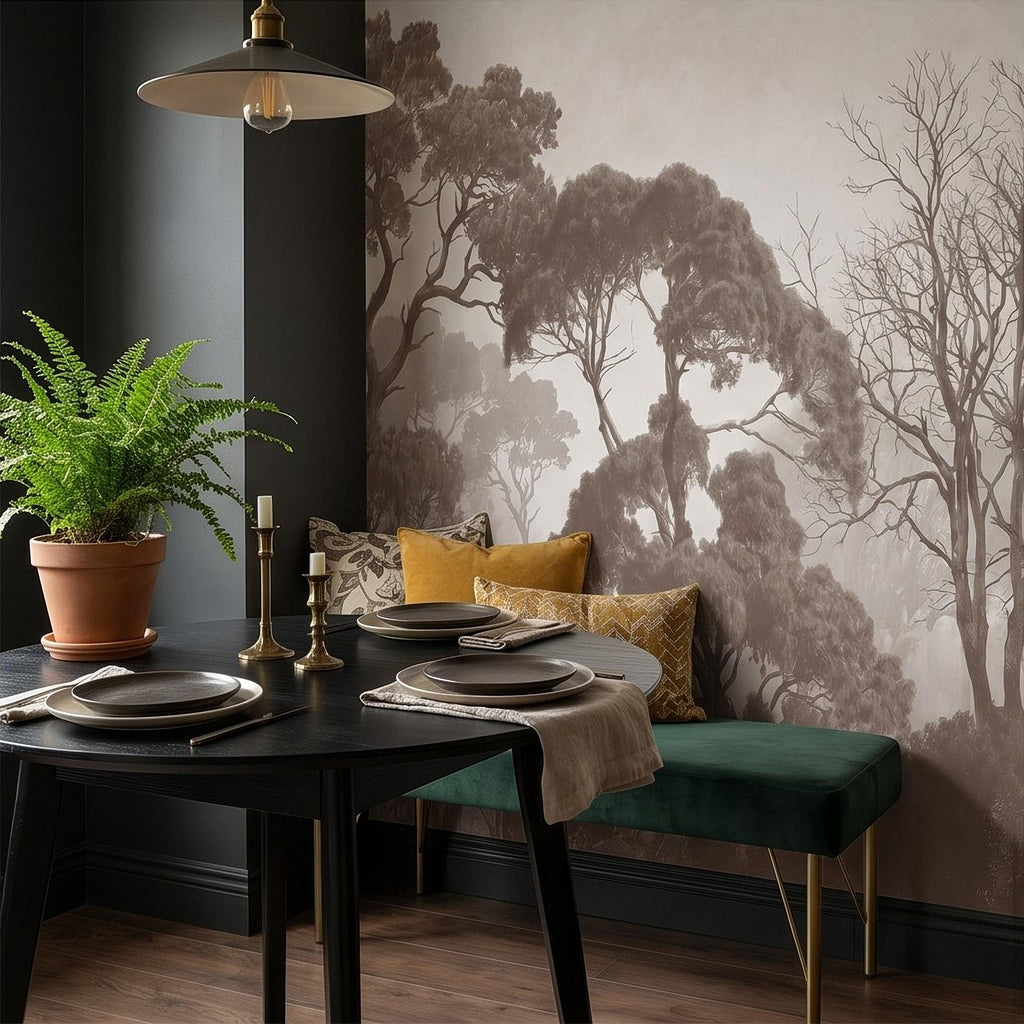 Sepia Misty Forest Peel and Stick Wall Mural, Neutral Tree Silhouettes, Foggy Woodland Landscape, Minimal Rustic Calm Nature Wallpaper