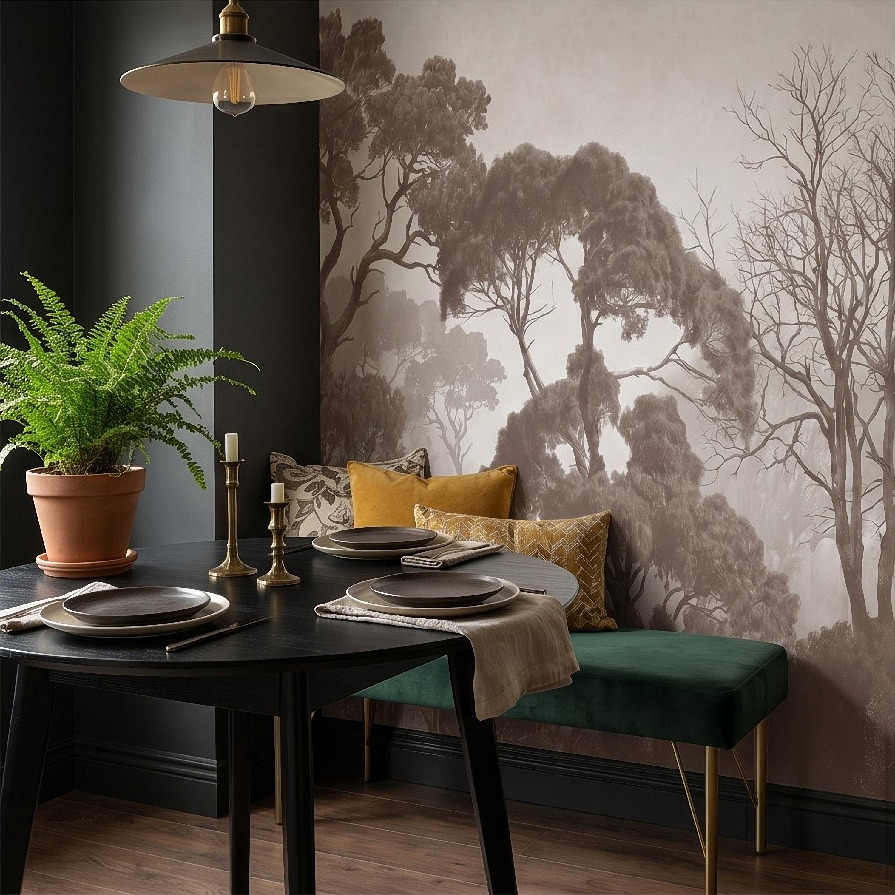 Sepia Misty Forest Peel and Stick Wall Mural, Neutral Tree Silhouettes, Foggy Woodland Landscape, Minimal Rustic Calm Nature Wallpaper