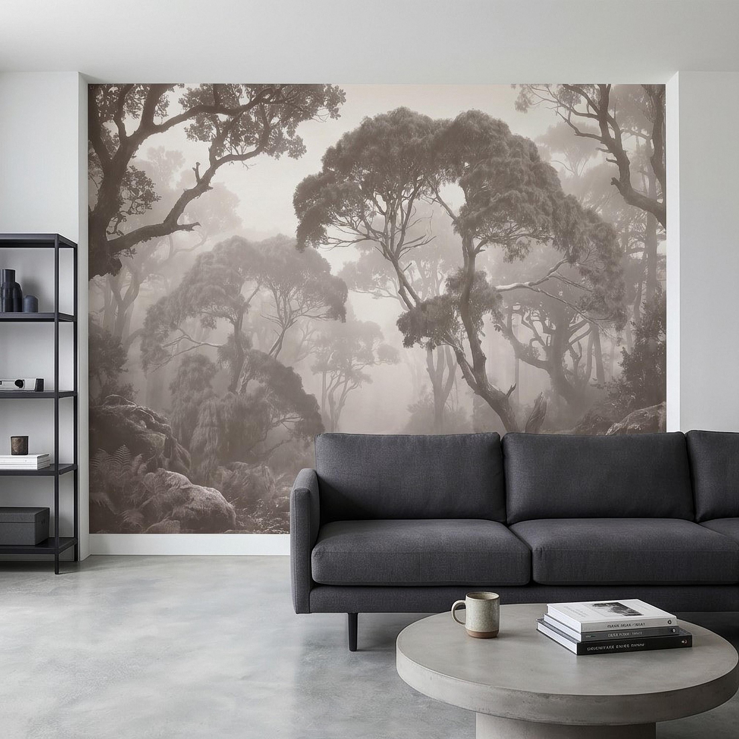 Misty Forest Path Peel and Stick Wall Mural, Sepia Woodland Trees and Ferns, Vintage Fog Landscape, Neutral Nature Scandi Wallpaper