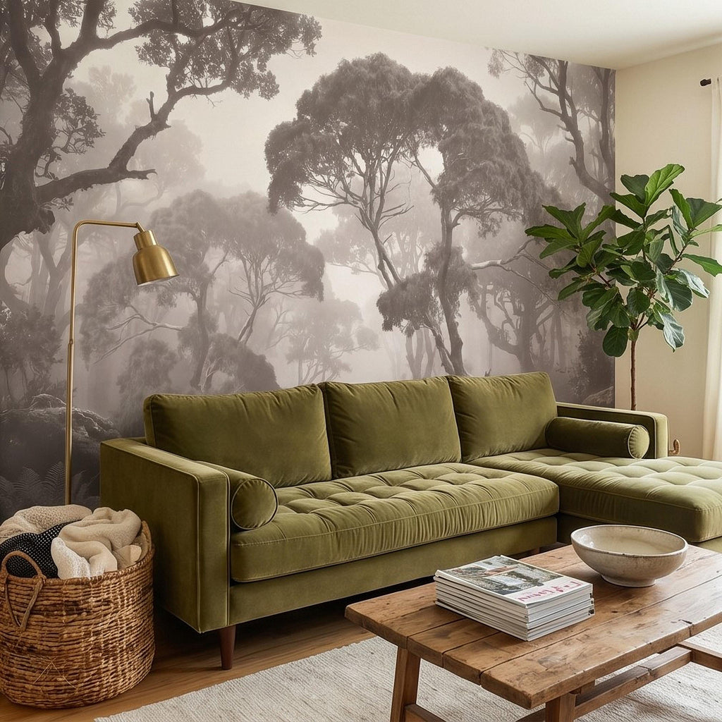 Misty Forest Path Peel and Stick Wall Mural, Sepia Woodland Trees and Ferns, Vintage Fog Landscape, Neutral Nature Scandi Wallpaper