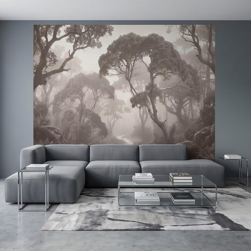 Misty Forest Path Peel and Stick Wall Mural, Sepia Woodland Trees and Ferns, Vintage Fog Landscape, Neutral Nature Scandi Wallpaper