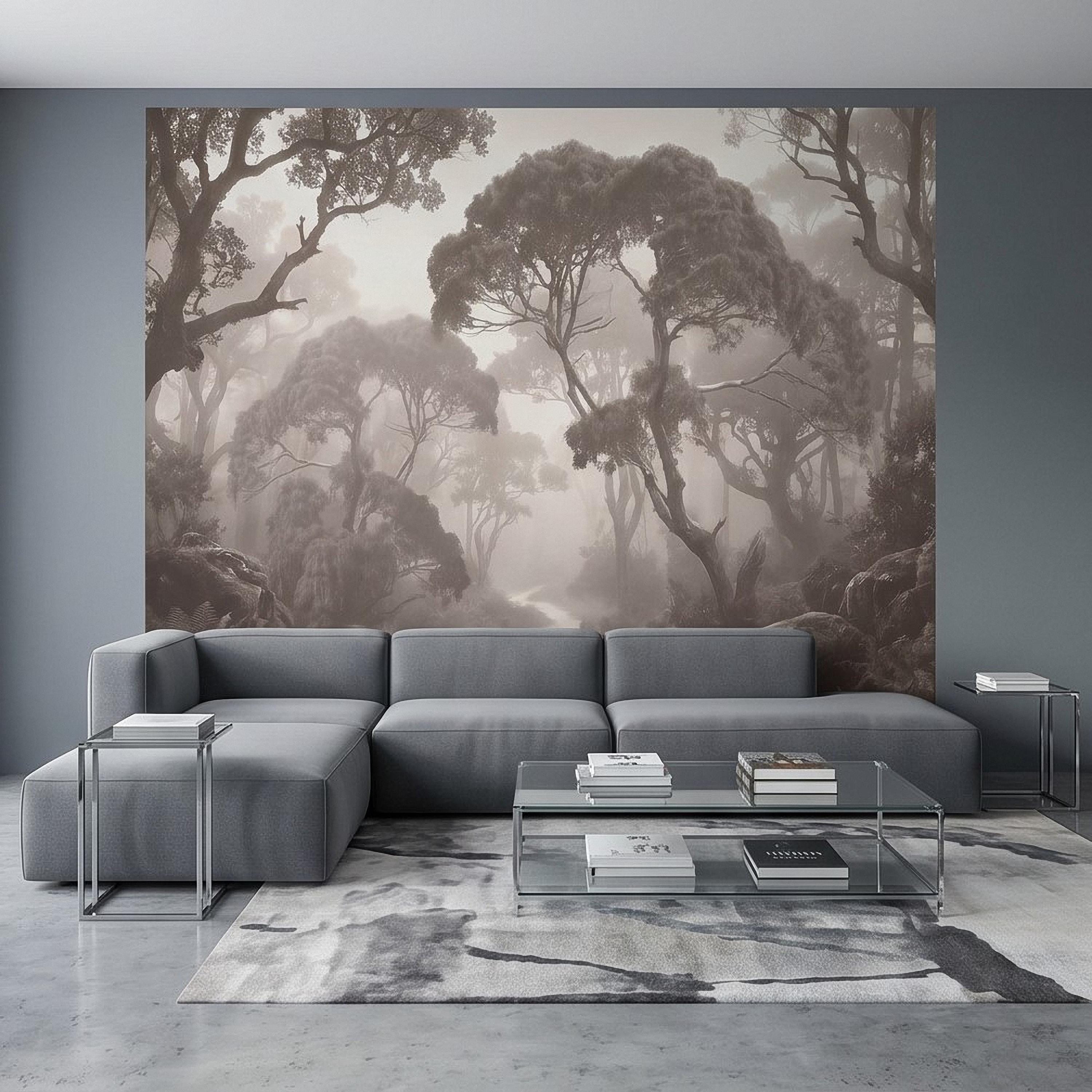 Misty Forest Path Peel and Stick Wall Mural, Sepia Woodland Trees and Ferns, Vintage Fog Landscape, Neutral Nature Scandi Wallpaper