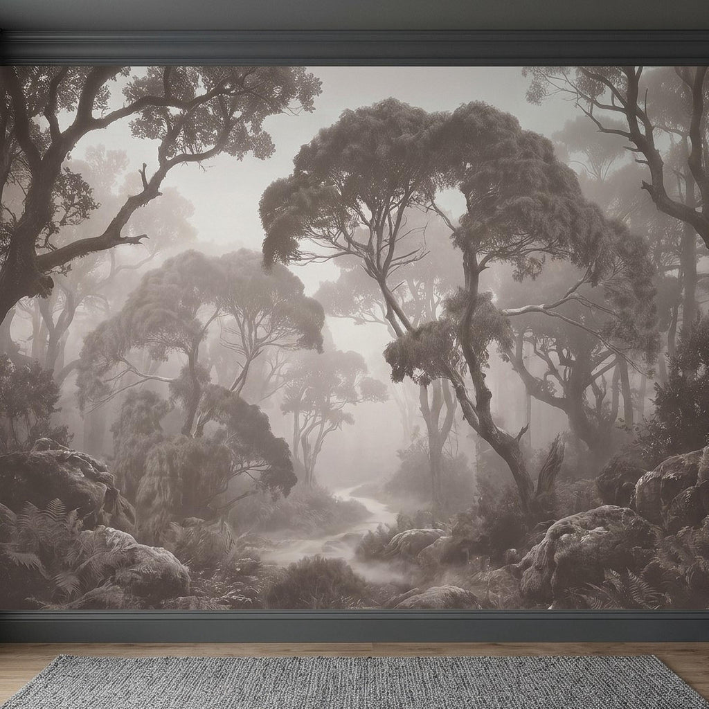 Misty Forest Path Peel and Stick Wall Mural, Sepia Woodland Trees and Ferns, Vintage Fog Landscape, Neutral Nature Scandi Wallpaper