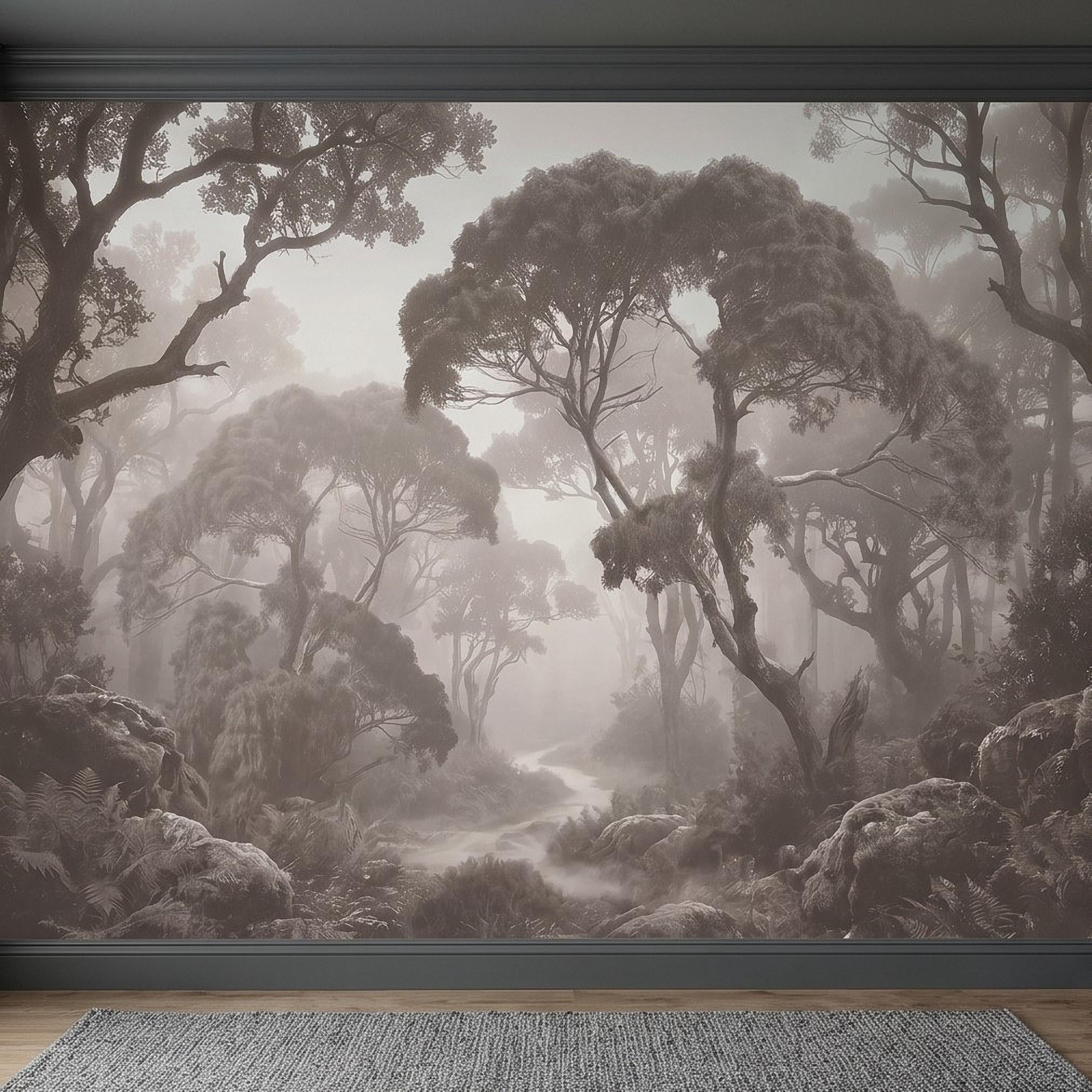 Misty Forest Path Peel and Stick Wall Mural, Sepia Woodland Trees and Ferns, Vintage Fog Landscape, Neutral Nature Scandi Wallpaper