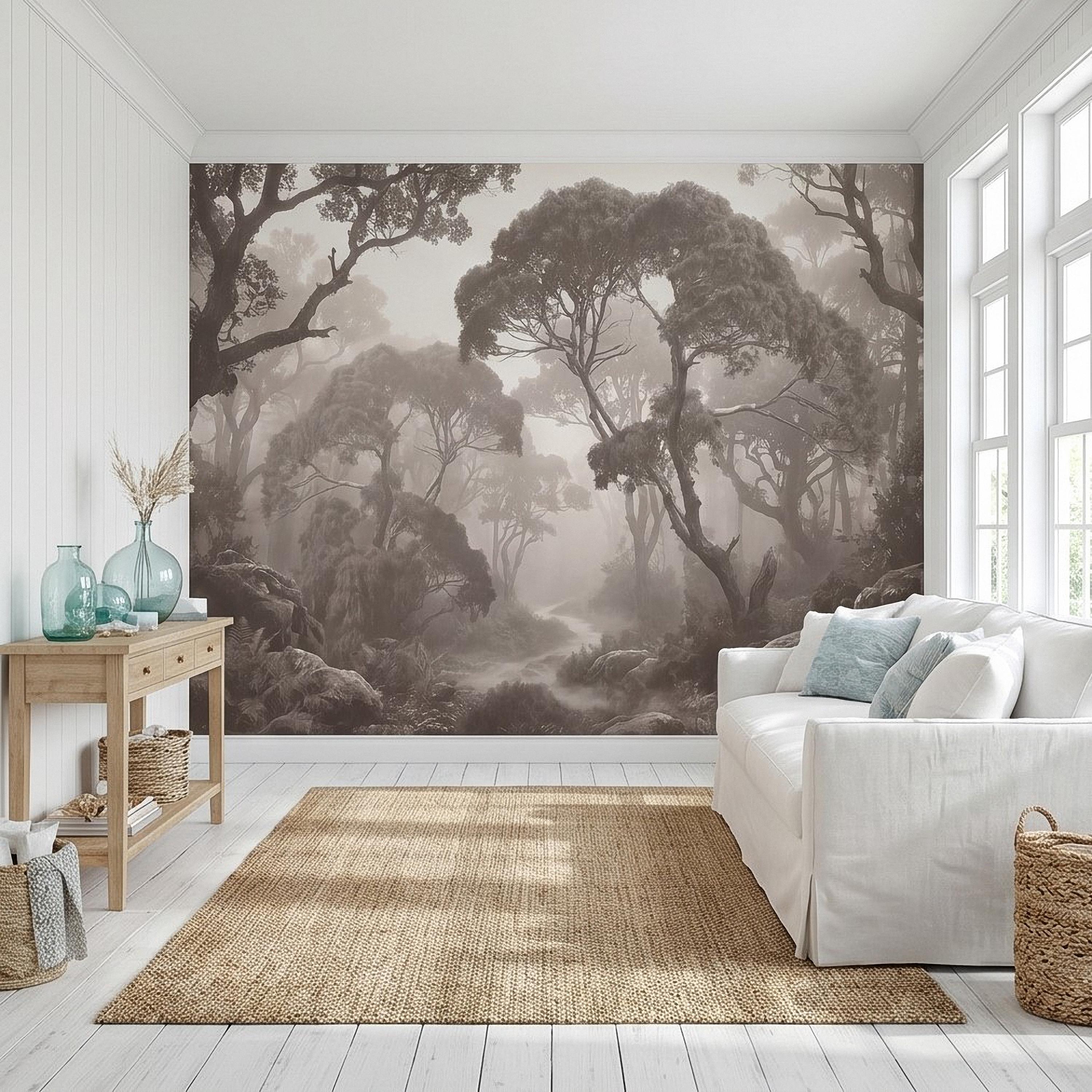Misty Forest Path Peel and Stick Wall Mural, Sepia Woodland Trees and Ferns, Vintage Fog Landscape, Neutral Nature Scandi Wallpaper