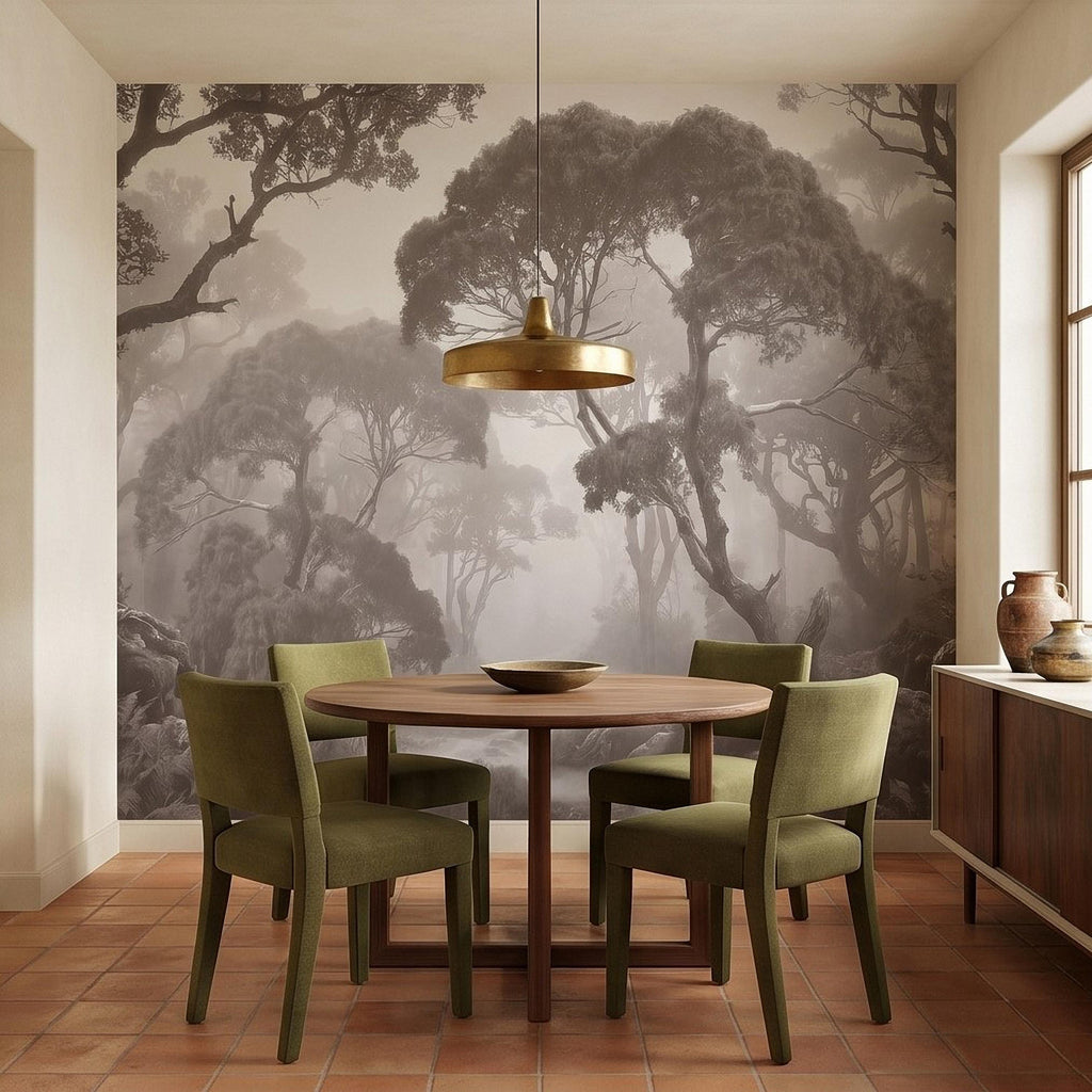 Misty Forest Path Peel and Stick Wall Mural, Sepia Woodland Trees and Ferns, Vintage Fog Landscape, Neutral Nature Scandi Wallpaper