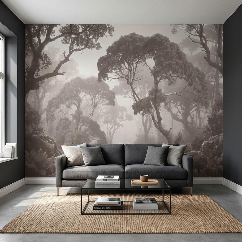Misty Forest Path Peel and Stick Wall Mural, Sepia Woodland Trees and Ferns, Vintage Fog Landscape, Neutral Nature Scandi Wallpaper