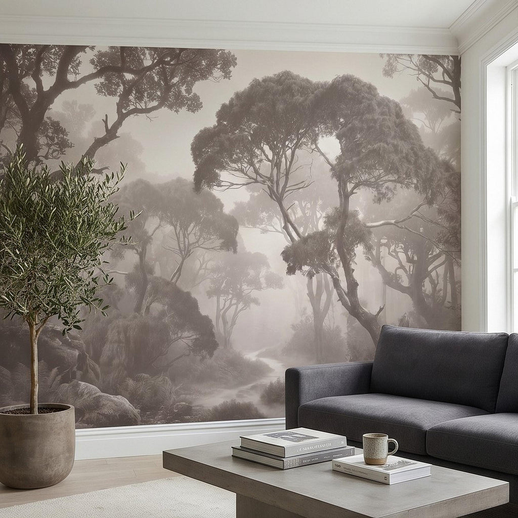 Misty Forest Path Peel and Stick Wall Mural, Sepia Woodland Trees and Ferns, Vintage Fog Landscape, Neutral Nature Scandi Wallpaper