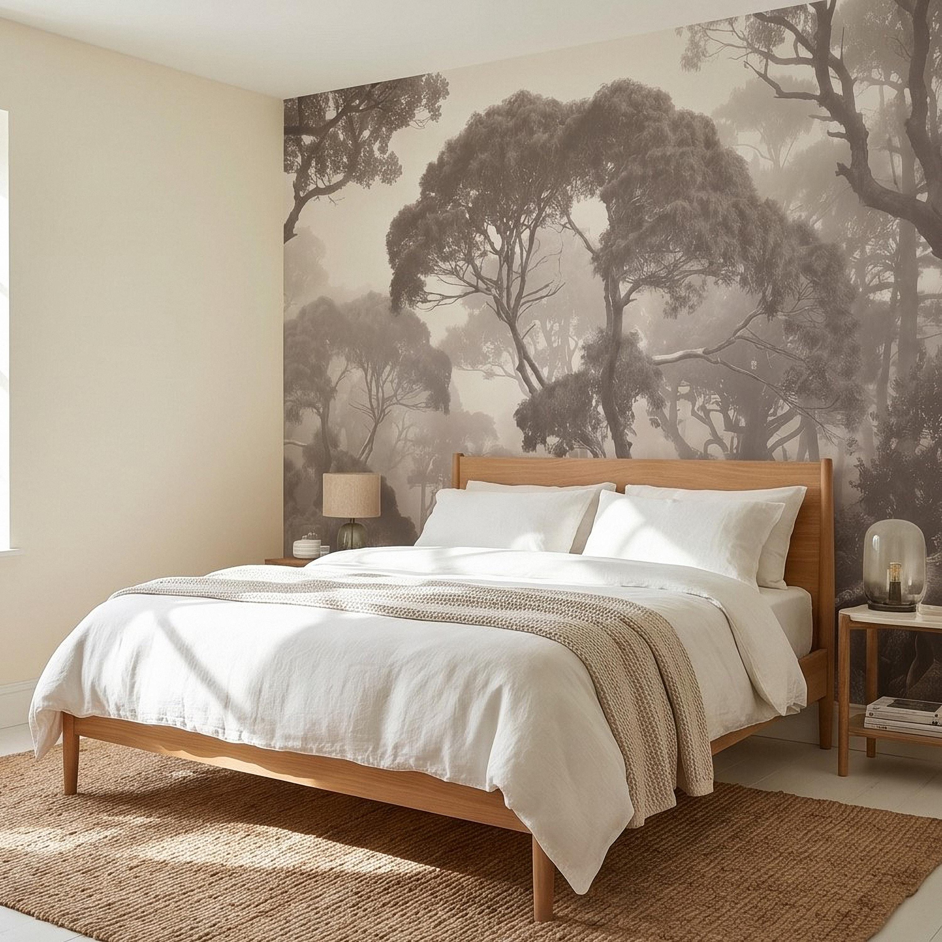 Misty Forest Path Peel and Stick Wall Mural, Sepia Woodland Trees and Ferns, Vintage Fog Landscape, Neutral Nature Scandi Wallpaper