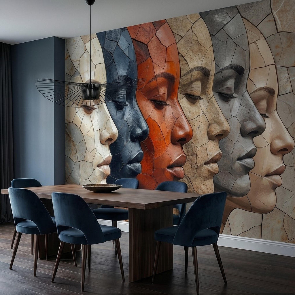 Abstract Mosaic Faces Peel and Stick Wall Mural, Modern Cubist Portrait Profile Collage, Stone Tile Texture, Neutral Earth Tones Wallpaper
