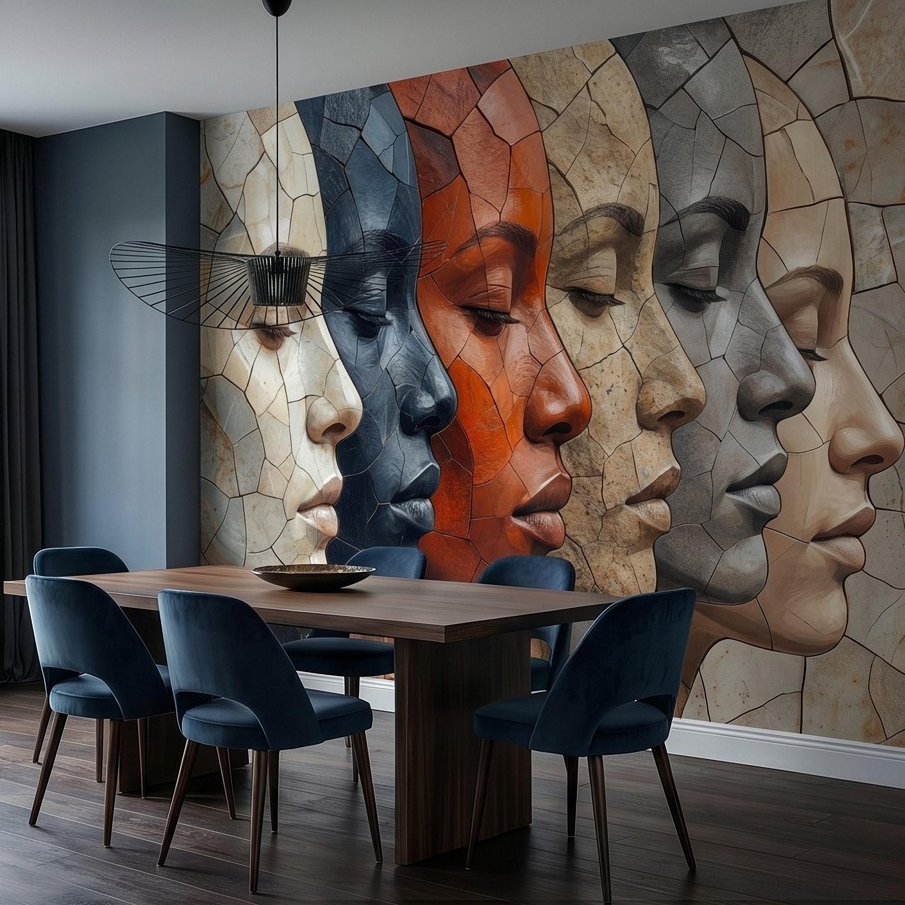 Abstract Mosaic Faces Peel and Stick Wall Mural, Modern Cubist Portrait Profile Collage, Stone Tile Texture, Neutral Earth Tones Wallpaper