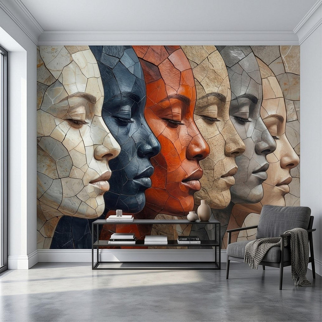 Abstract Mosaic Faces Peel and Stick Wall Mural, Modern Cubist Portrait Profile Collage, Stone Tile Texture, Neutral Earth Tones Wallpaper