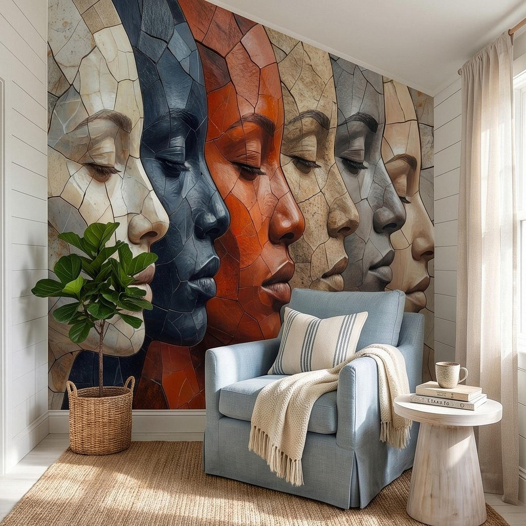 Abstract Mosaic Faces Peel and Stick Wall Mural, Modern Cubist Portrait Profile Collage, Stone Tile Texture, Neutral Earth Tones Wallpaper