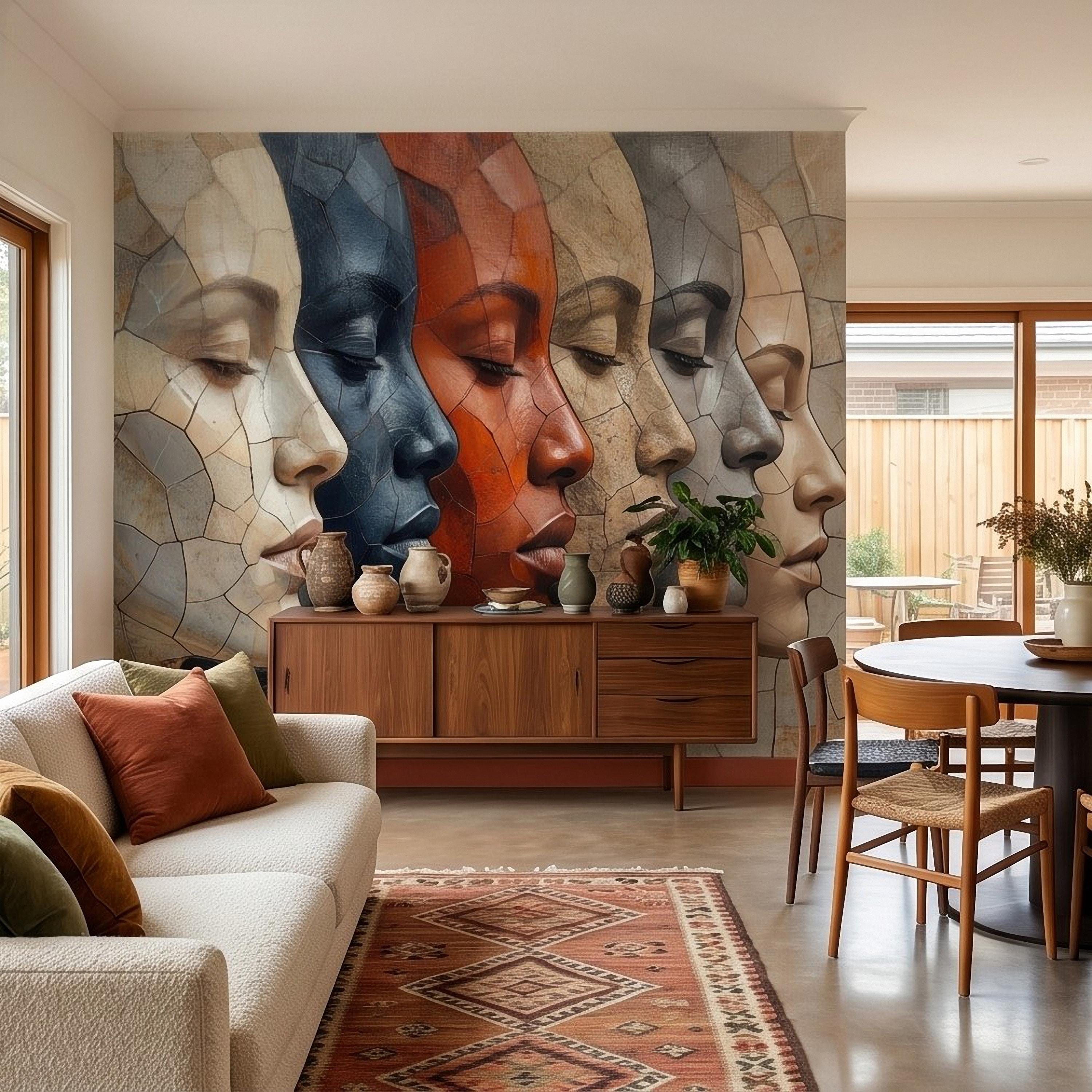 Abstract Mosaic Faces Peel and Stick Wall Mural, Modern Cubist Portrait Profile Collage, Stone Tile Texture, Neutral Earth Tones Wallpaper