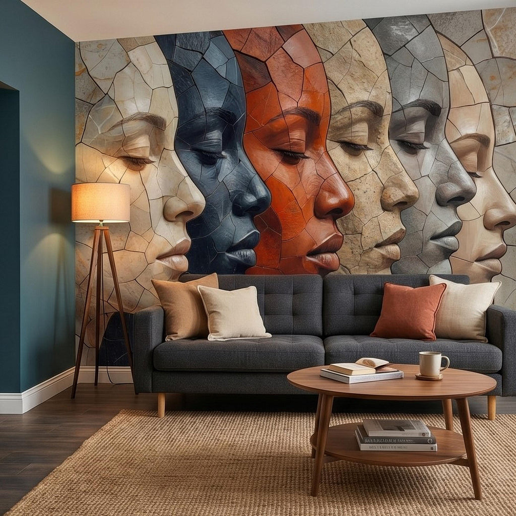 Abstract Mosaic Faces Peel and Stick Wall Mural, Modern Cubist Portrait Profile Collage, Stone Tile Texture, Neutral Earth Tones Wallpaper