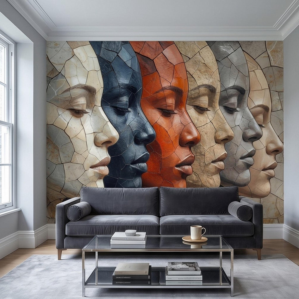 Abstract Mosaic Faces Peel and Stick Wall Mural, Modern Cubist Portrait Profile Collage, Stone Tile Texture, Neutral Earth Tones Wallpaper