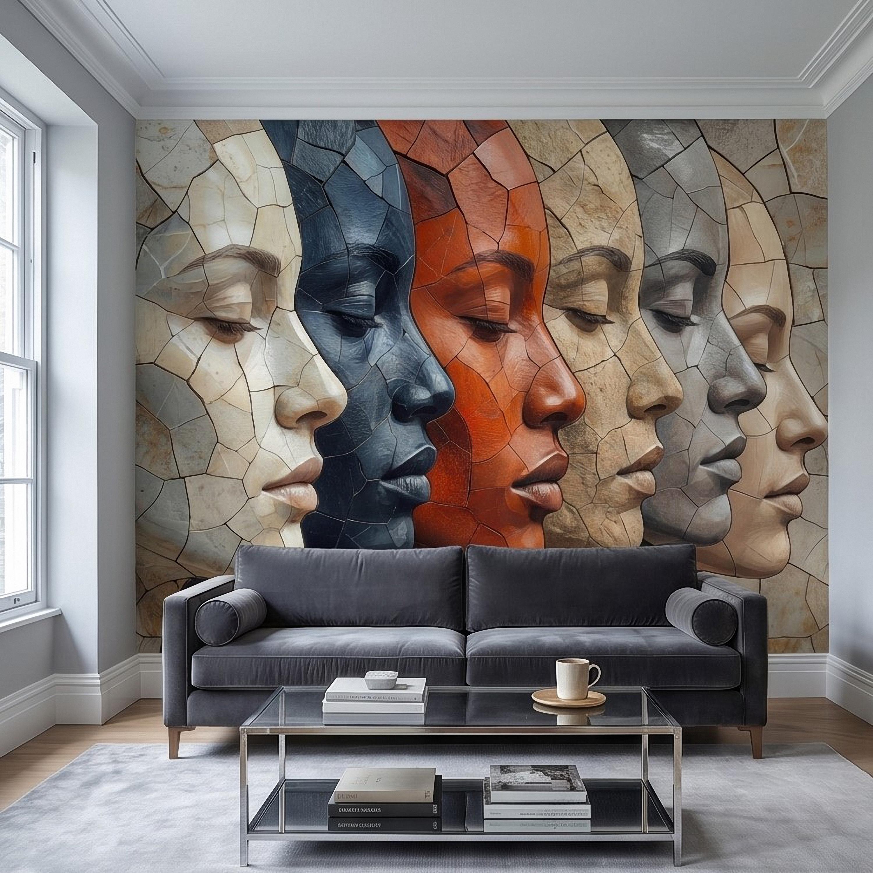 Abstract Mosaic Faces Peel and Stick Wall Mural, Modern Cubist Portrait Profile Collage, Stone Tile Texture, Neutral Earth Tones Wallpaper