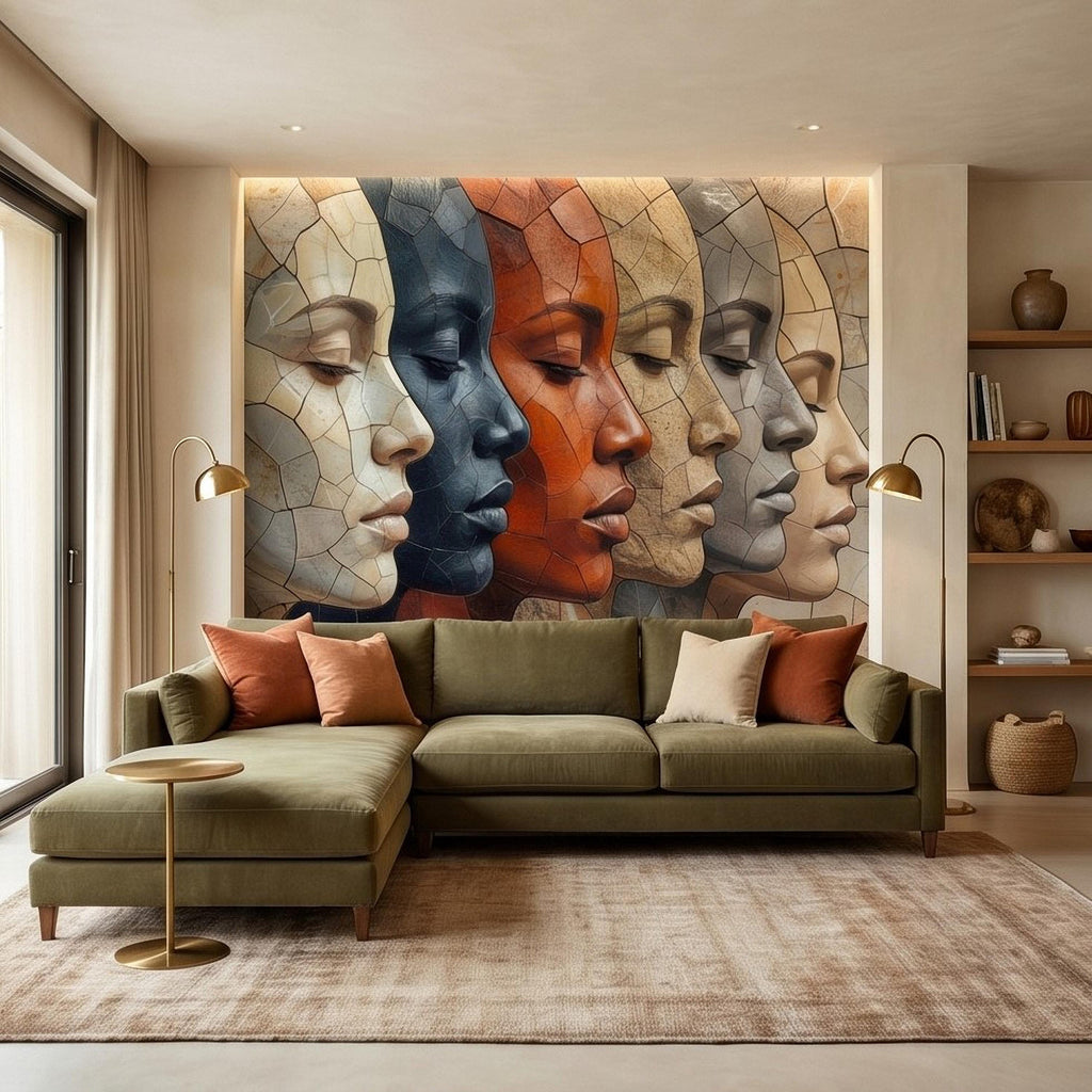 Abstract Mosaic Faces Peel and Stick Wall Mural, Modern Cubist Portrait Profile Collage, Stone Tile Texture, Neutral Earth Tones Wallpaper