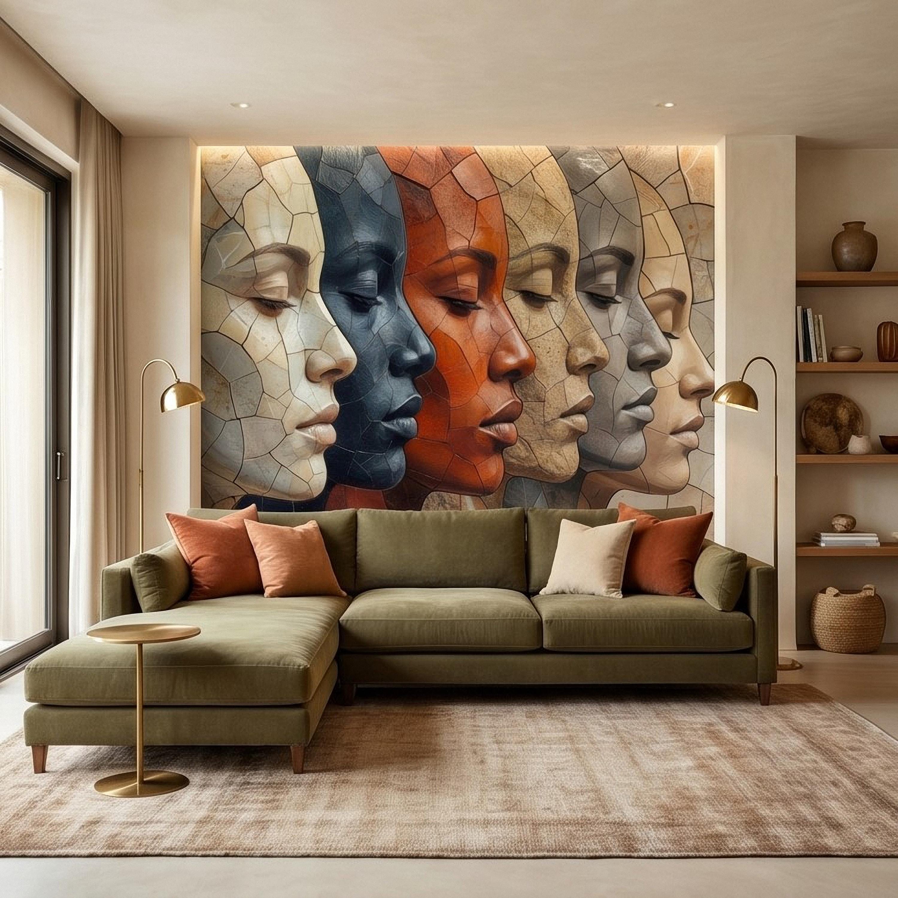 Abstract Mosaic Faces Peel and Stick Wall Mural, Modern Cubist Portrait Profile Collage, Stone Tile Texture, Neutral Earth Tones Wallpaper