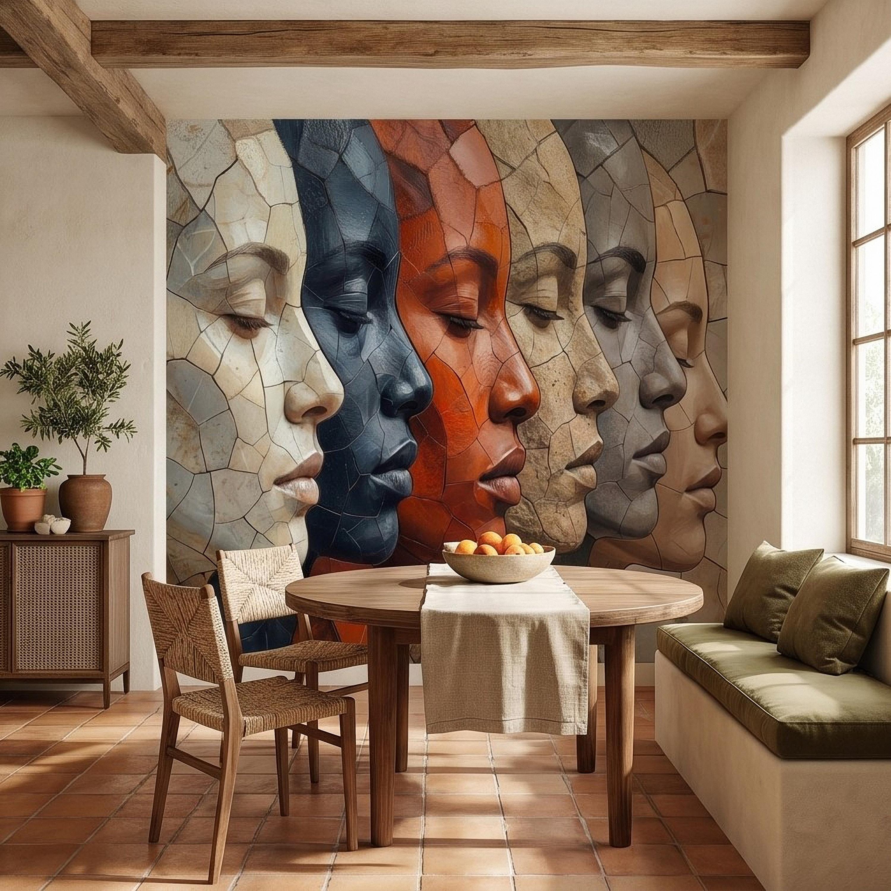 Abstract Mosaic Faces Peel and Stick Wall Mural, Modern Cubist Portrait Profile Collage, Stone Tile Texture, Neutral Earth Tones Wallpaper