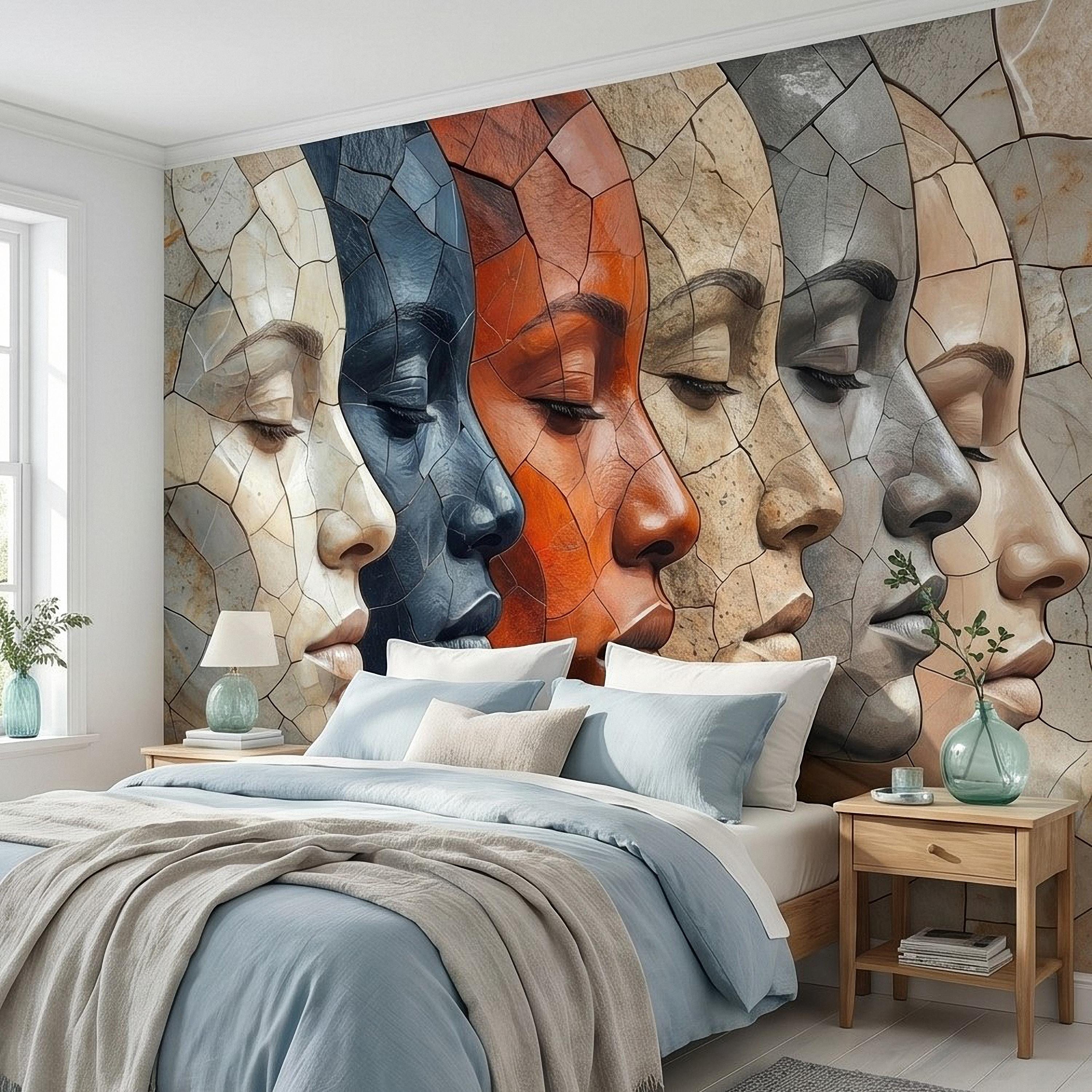 Abstract Mosaic Faces Peel and Stick Wall Mural, Modern Cubist Portrait Profile Collage, Stone Tile Texture, Neutral Earth Tones Wallpaper